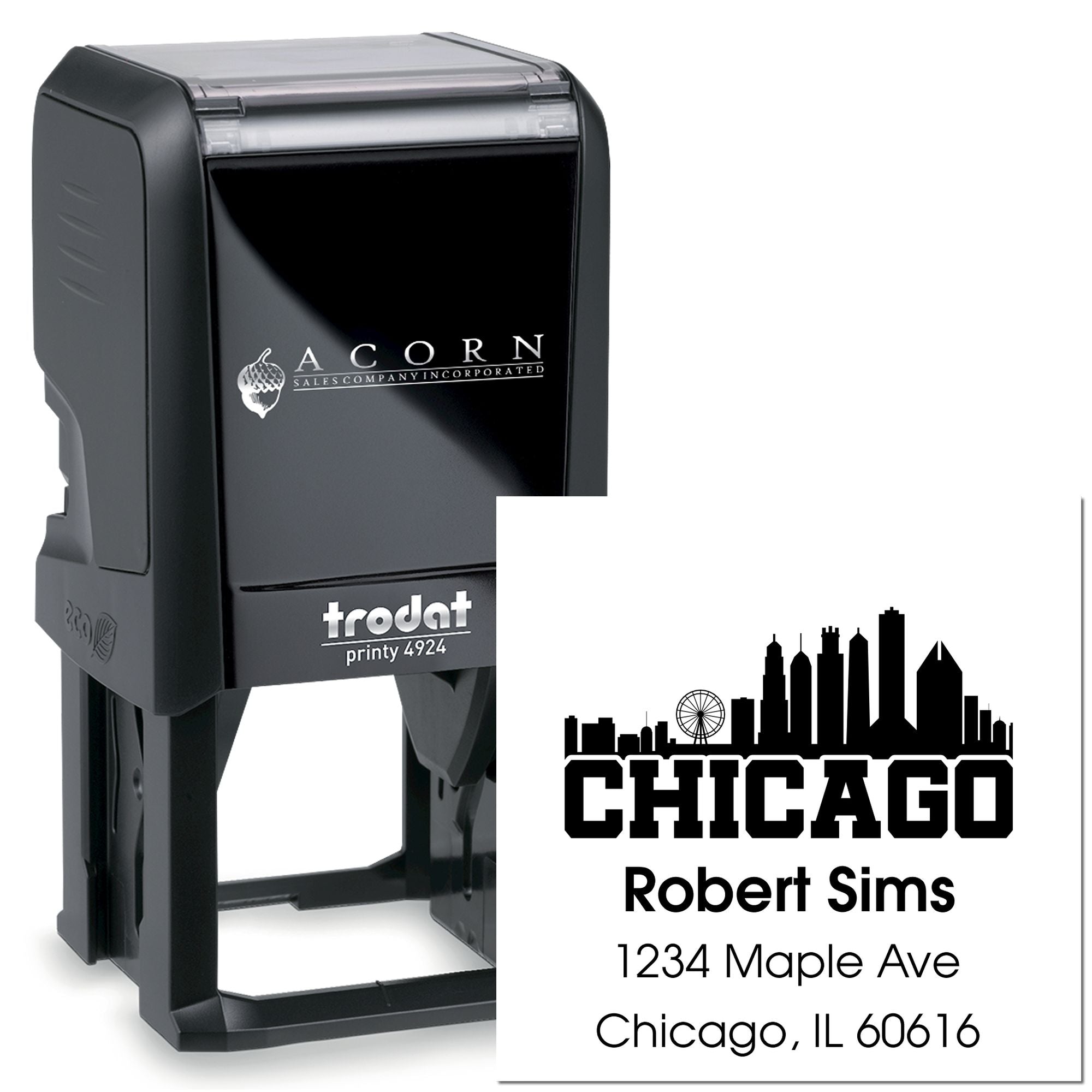 Custom self-inking rubber address stamp with Chicago skyline design, Trodat Printy 4924 for personalized business mail.