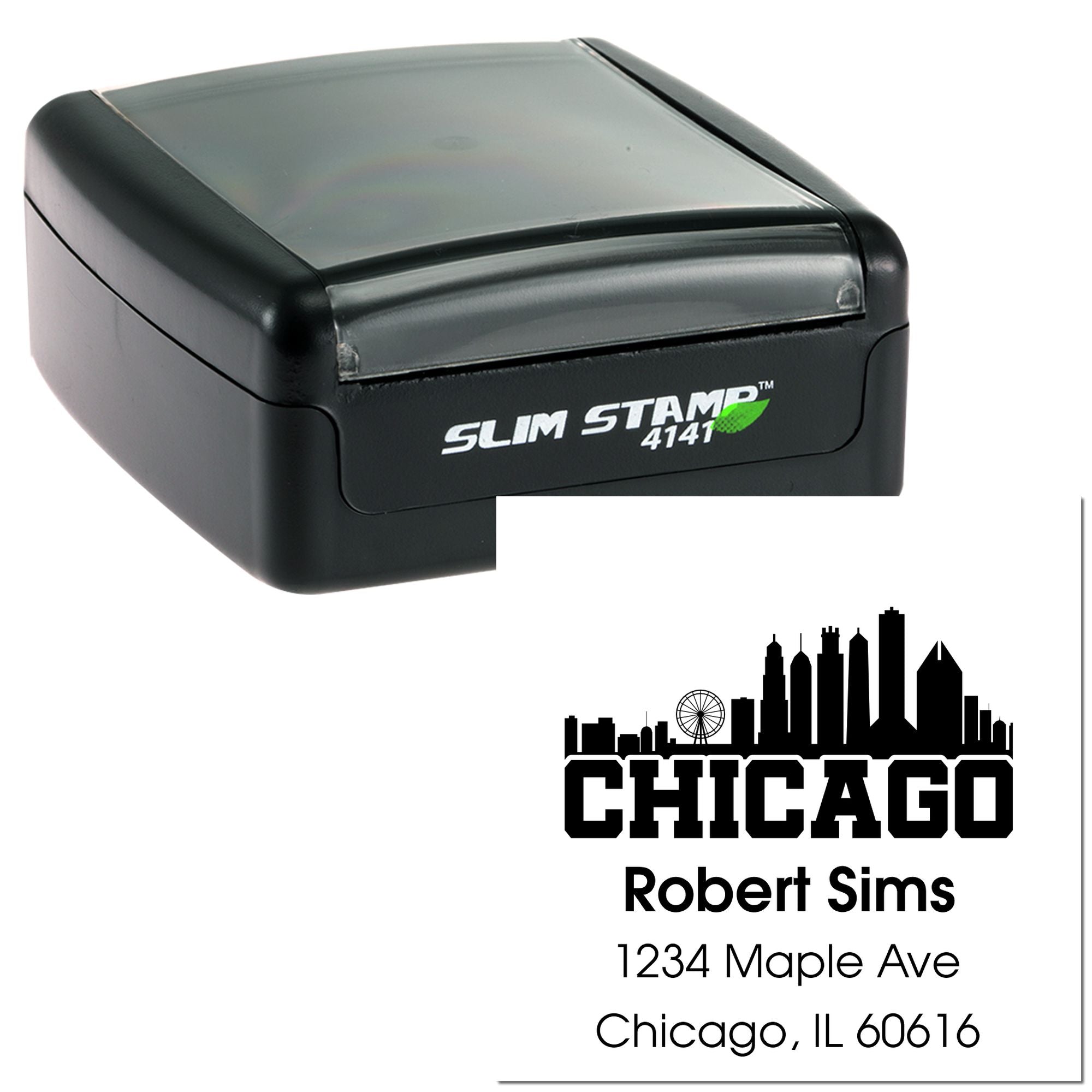 Personalized self-inking rubber stamp with Chicago skyline return address design for business envelopes and mailing.