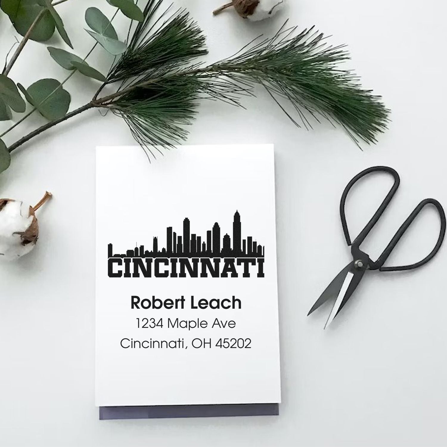 Personalized Cincinnati return address rubber stamp with skyline design for envelopes, weddings and mailings.