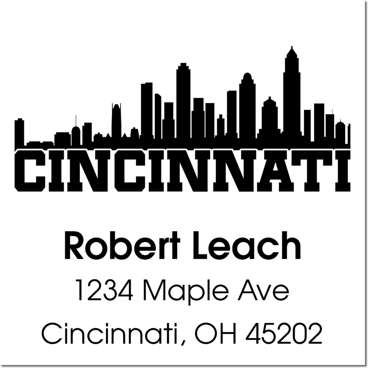 Custom Cincinnati address rubber stamp with skyline design, Robert Leach, 1234 Maple Ave, Cincinnati, OH 45202