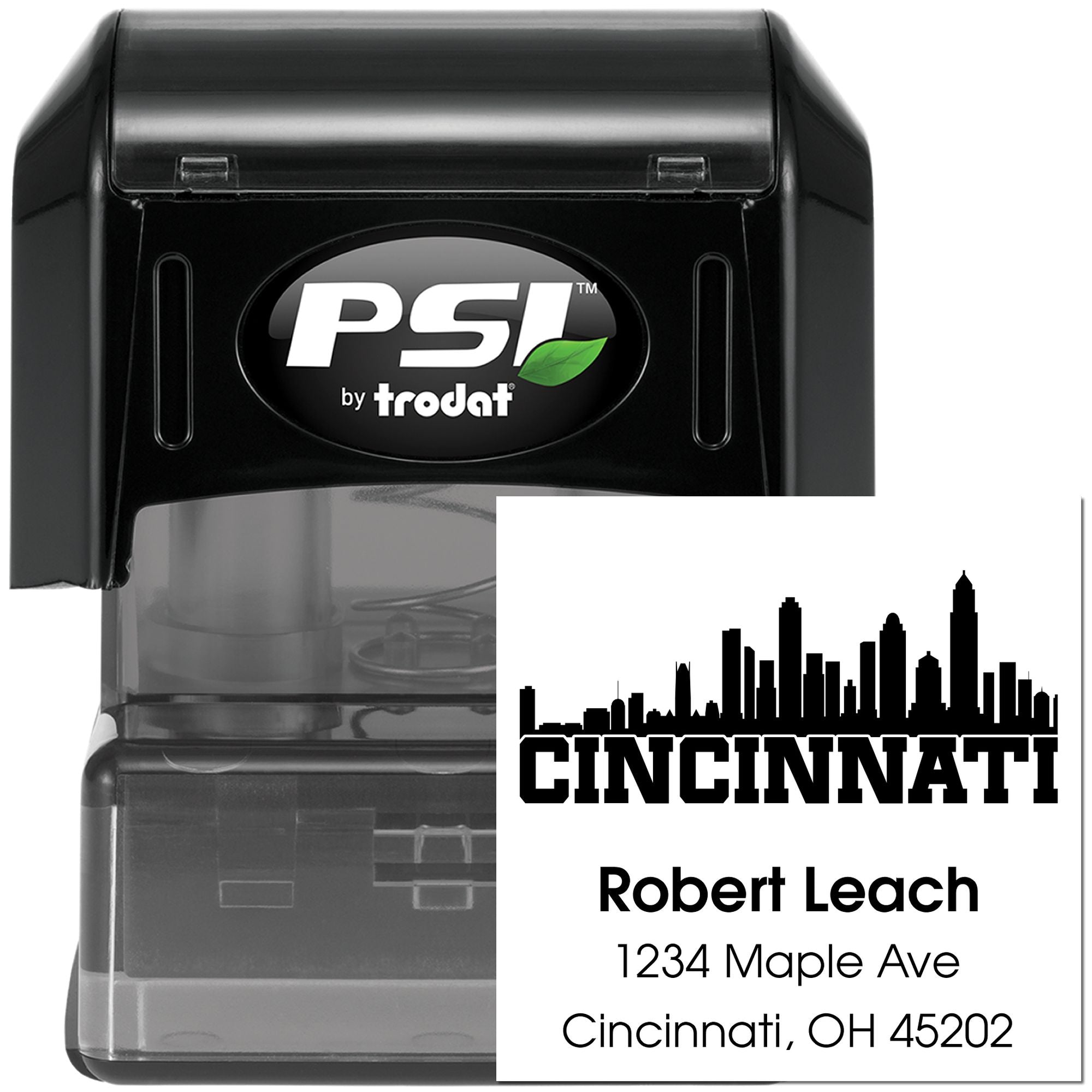 Custom self-inking rubber stamp by Trodat PSI with Cincinnati skyline address imprint for personalized mail use