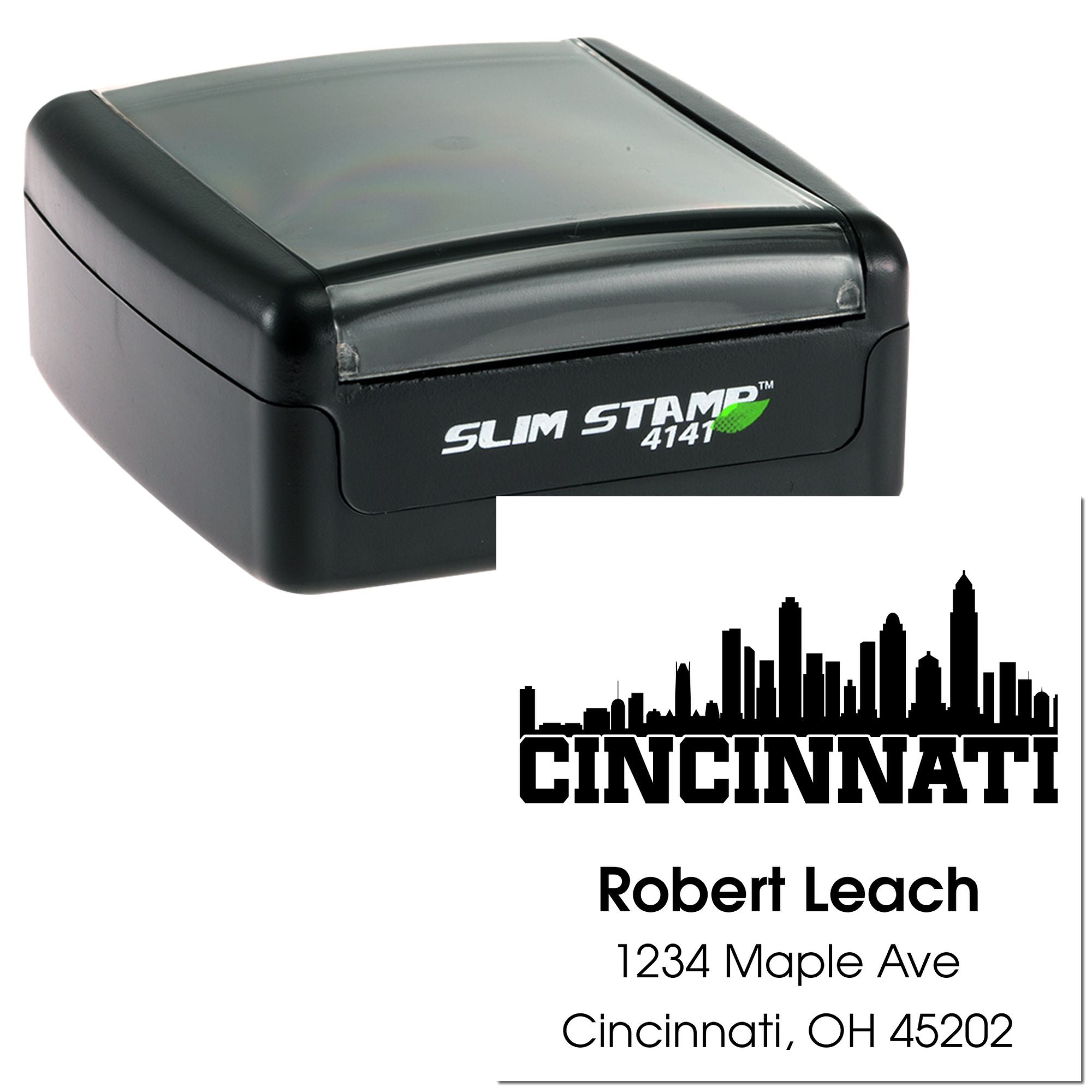 Custom self-inking rubber stamp with Cincinnati skyline and address for personalized return address, mail, or business use.
