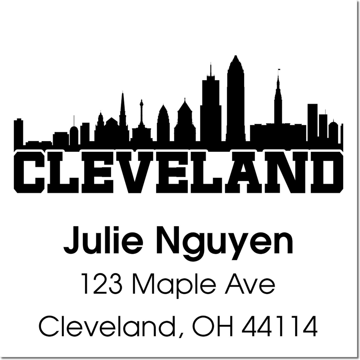 Custom Cleveland address rubber stamp with skyline, featuring Julie Nguyen, 123 Maple Ave, Cleveland, OH 44114