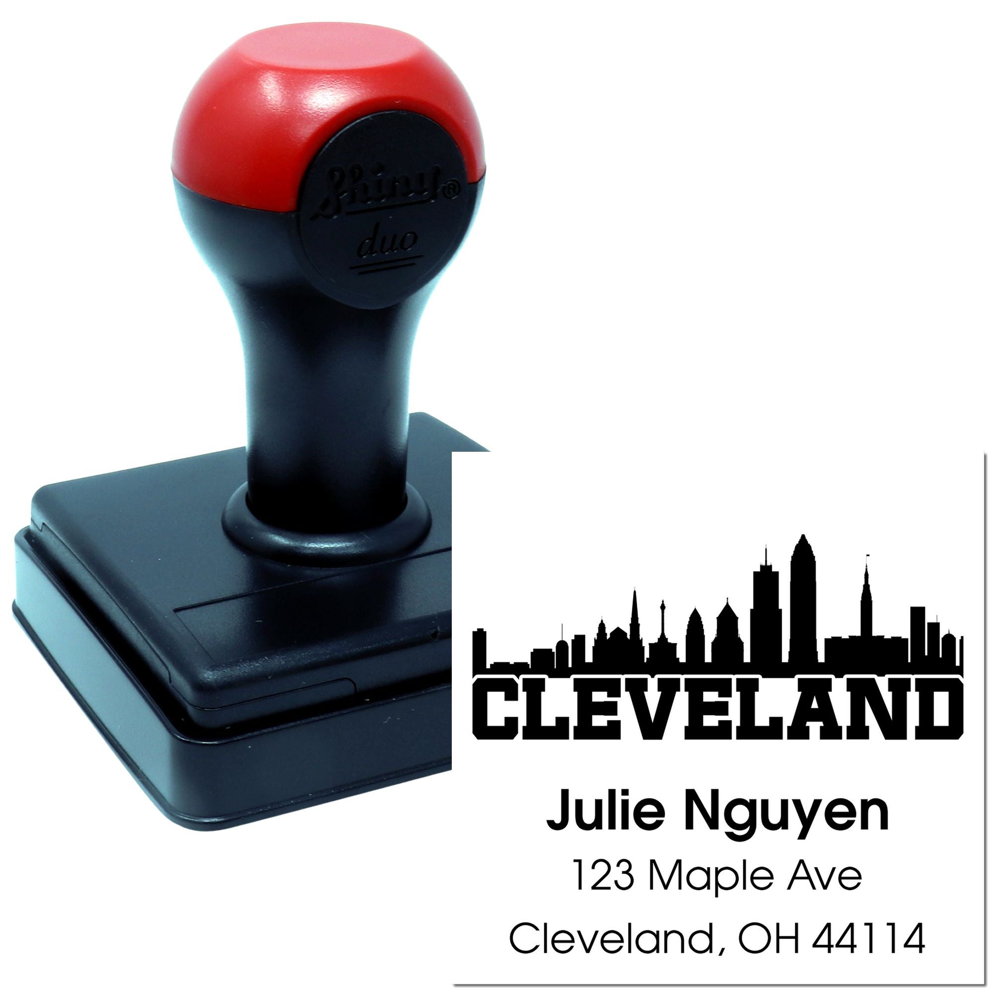 Self-inking custom Cleveland address rubber stamp with skyline, for Julie Nguyen, 123 Maple Ave, Cleveland, OH 44114.
