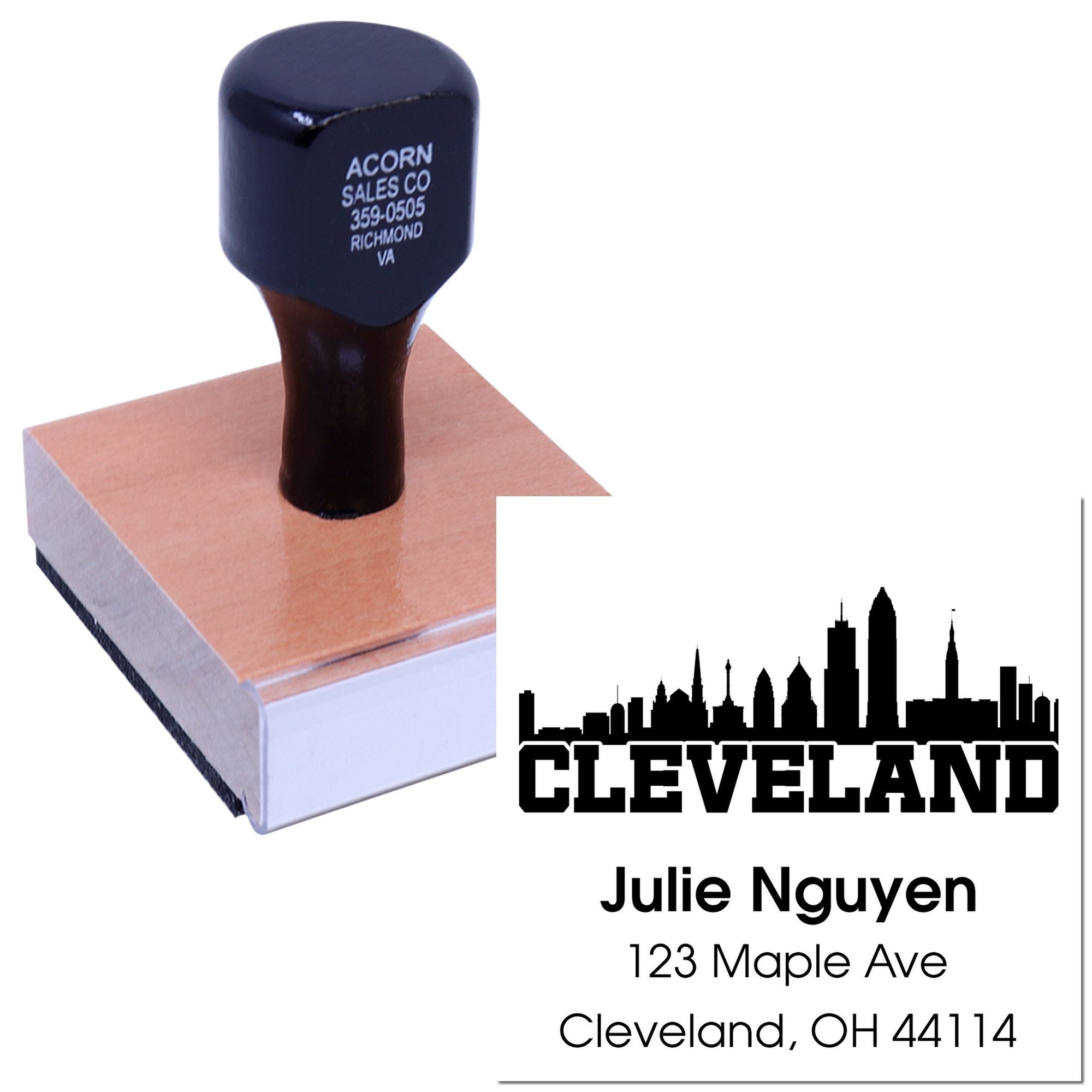 Custom rubber stamp with Cleveland skyline and return address design for personalized business or mail stamping.