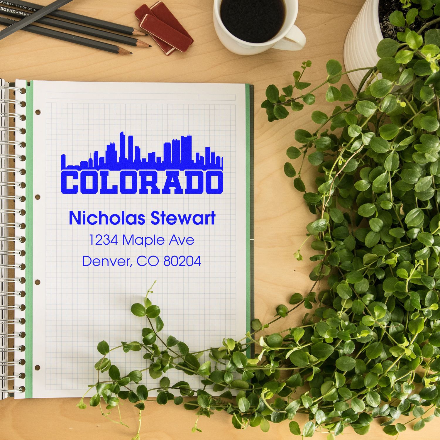 Personalized Colorado return address rubber stamp mockup with skyline, name, and Denver, CO address.