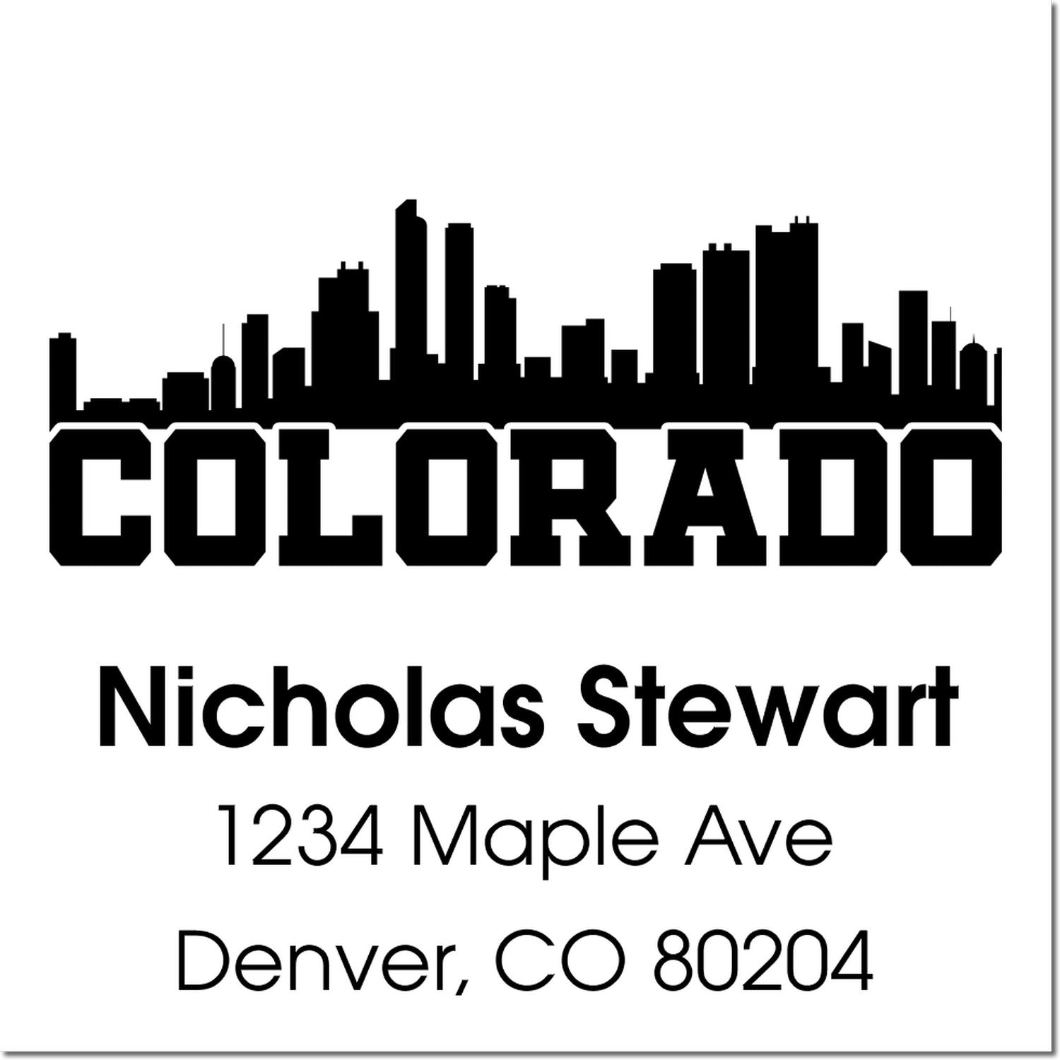 Custom address rubber stamp with Denver skyline, Nicholas Stewart, 1234 Maple Ave, Denver, CO 80204.
