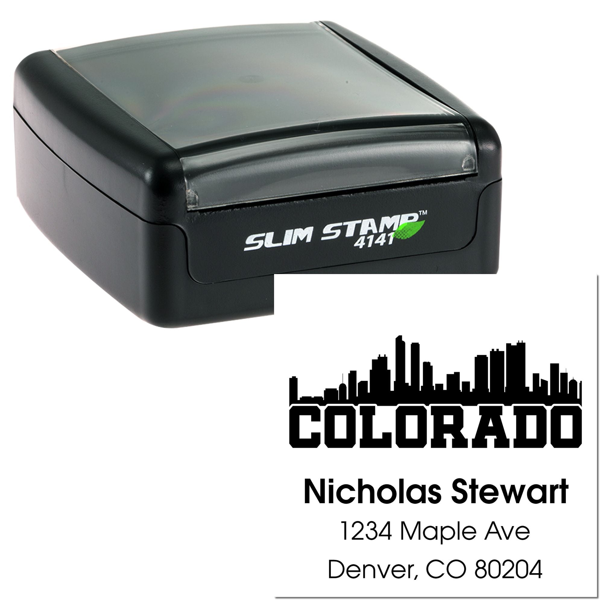 Custom self-inking rubber address stamp with Colorado skyline design and Denver, CO return address.
