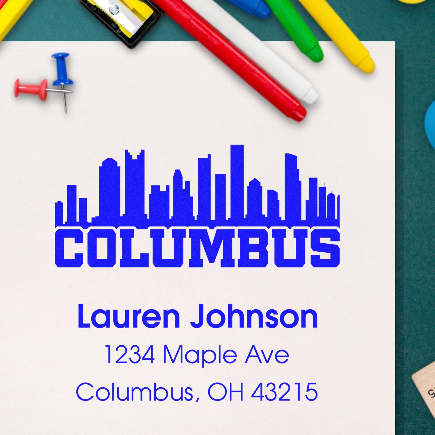Custom Columbus return address rubber stamp with skyline logo, Lauren Johnson, and address for envelopes.