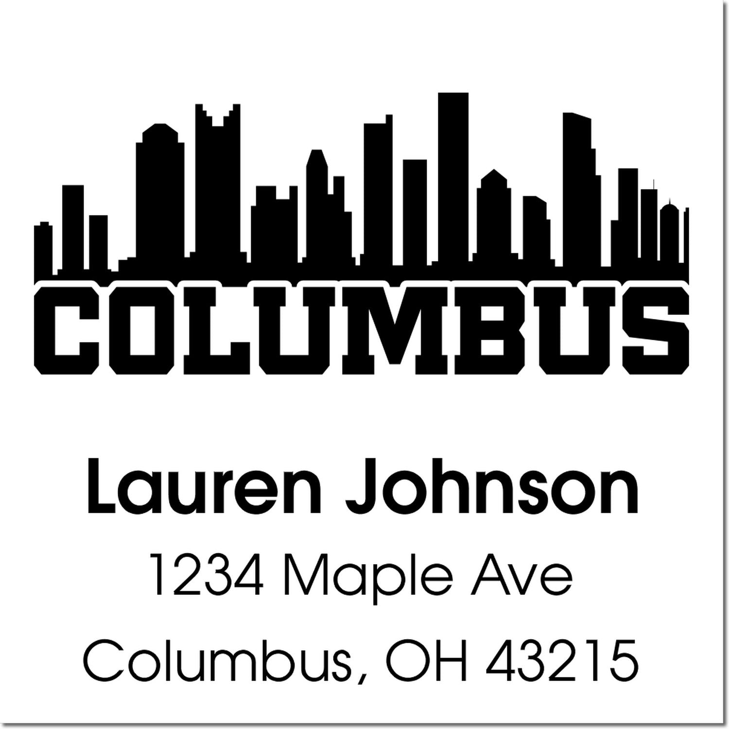 Custom Columbus skyline return address stamp for Lauren Johnson, 1234 Maple Ave, Columbus, OH 43215