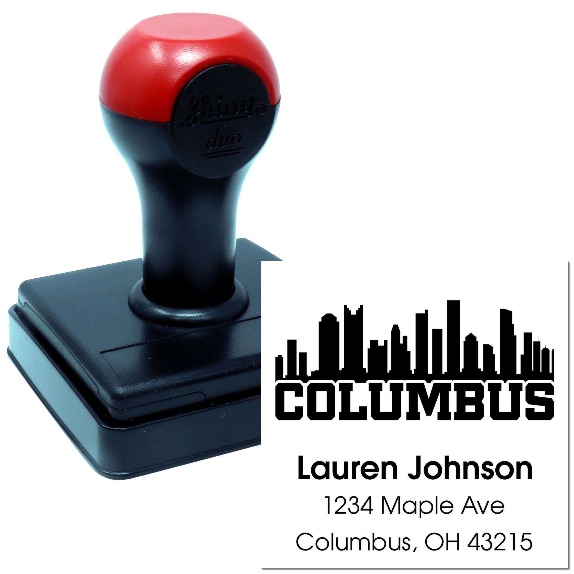 Custom self-inking rubber address stamp with Columbus skyline for Lauren Johnson, 1234 Maple Ave, Columbus, OH 43215.