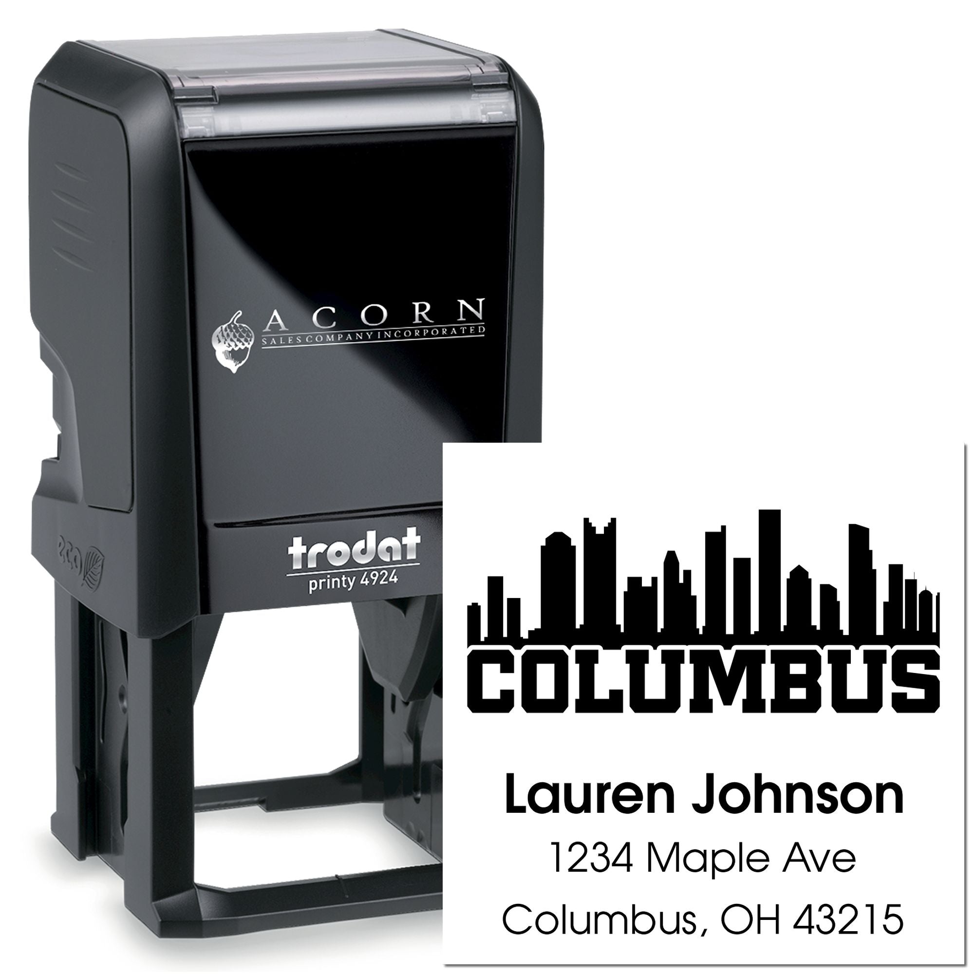 Trodat self-inking custom rubber stamp with Columbus skyline address design for personalized business mailings.