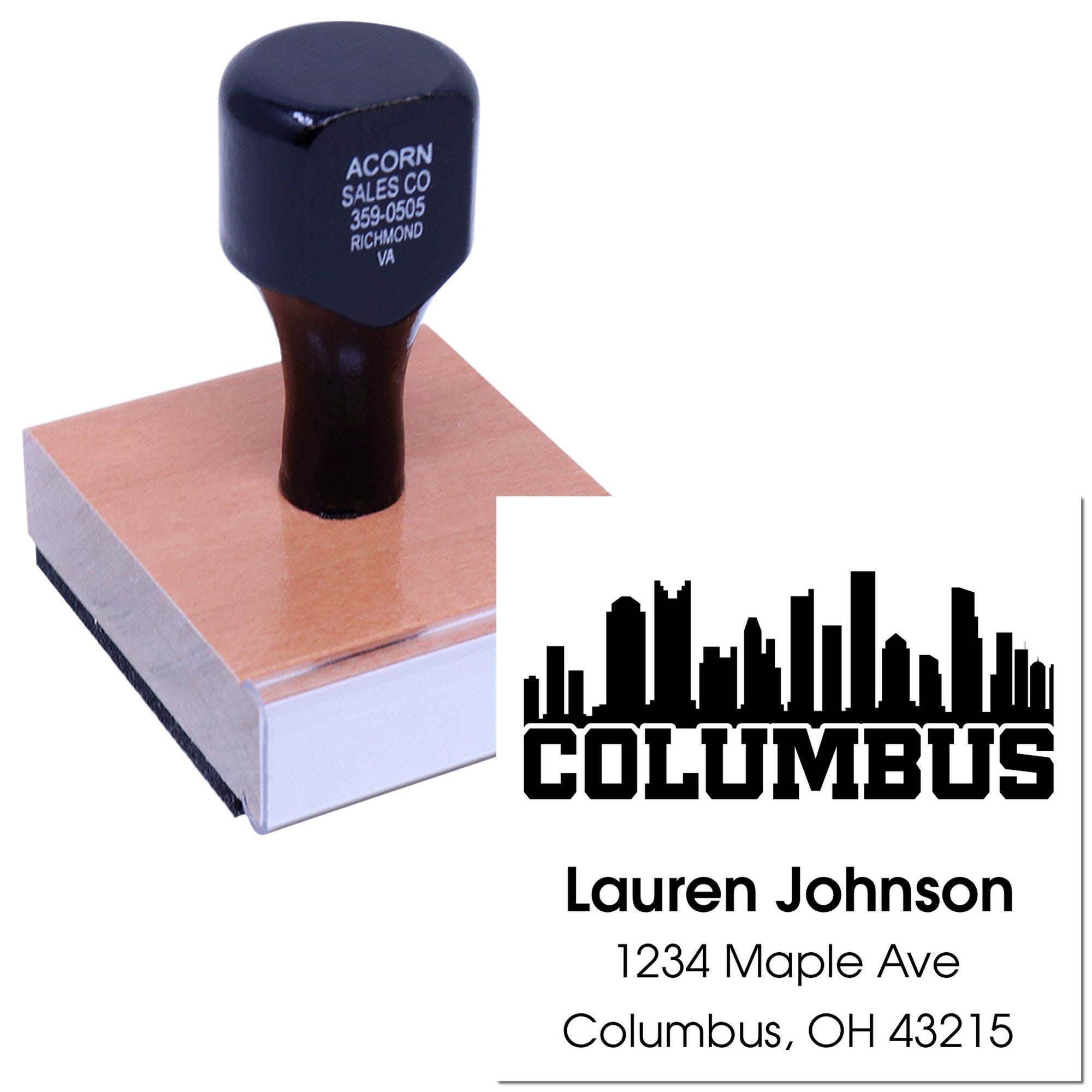 Custom Columbus address rubber stamp with skyline design for Lauren Johnson