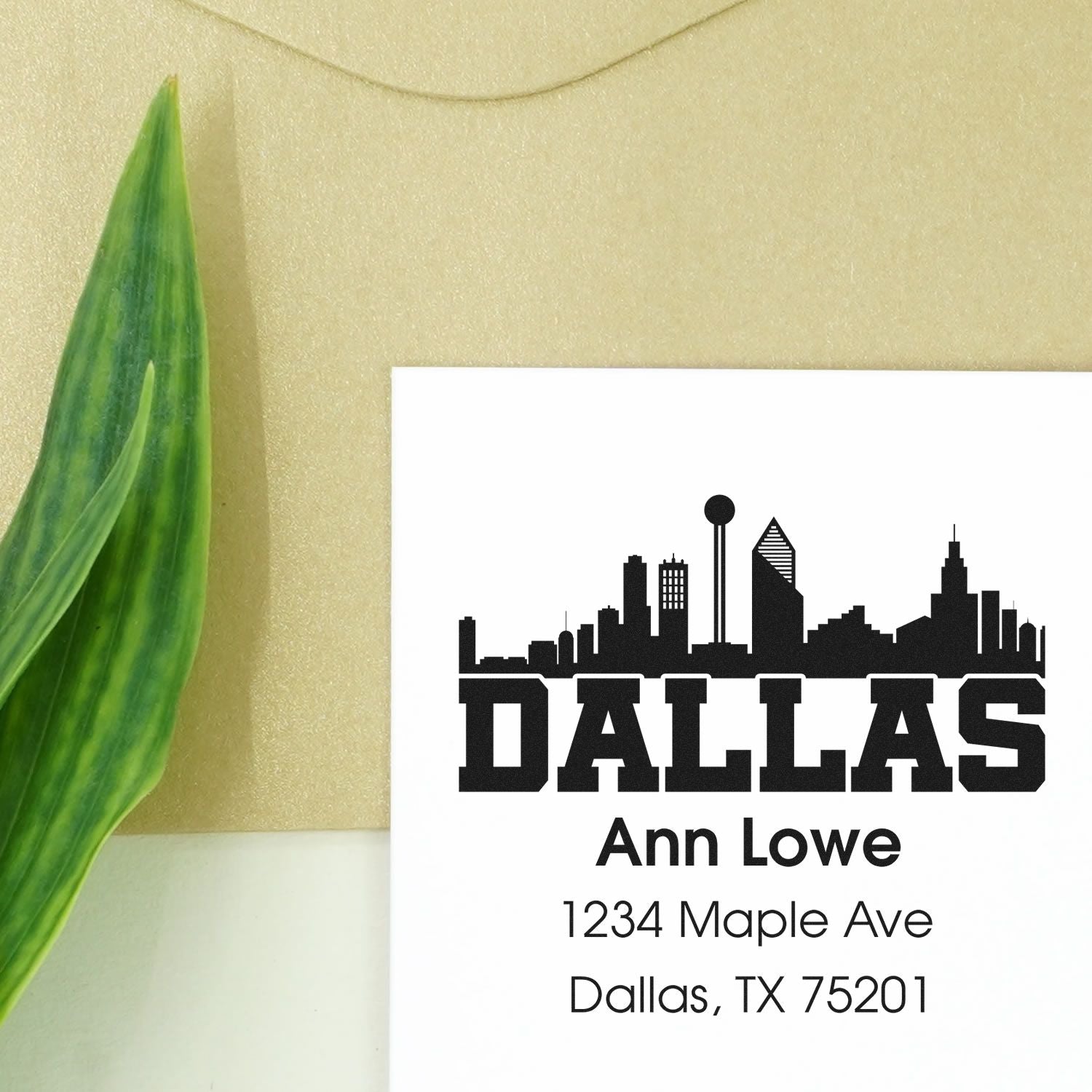 Custom Dallas return address rubber stamp with skyline design, featuring Ann Lowe and Texas mailing address.