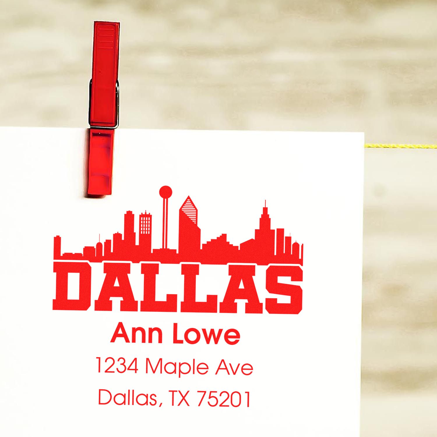 Personalized Dallas return address rubber stamp with skyline design, name, and mailing address for custom business or home use