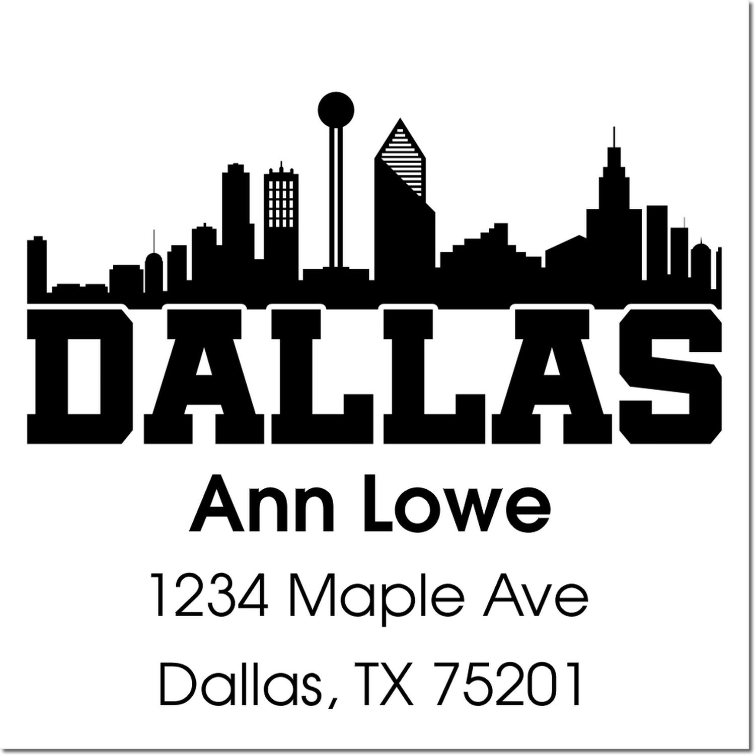 Dallas skyline custom address rubber stamp for Ann Lowe, 1234 Maple Ave, Dallas, TX 75201