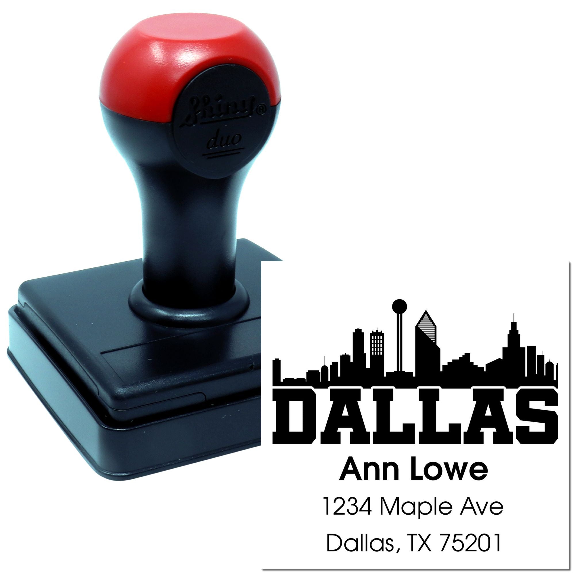 Dallas custom return address rubber stamp, self-inking design for envelopes, business mail, and personalized stationery.