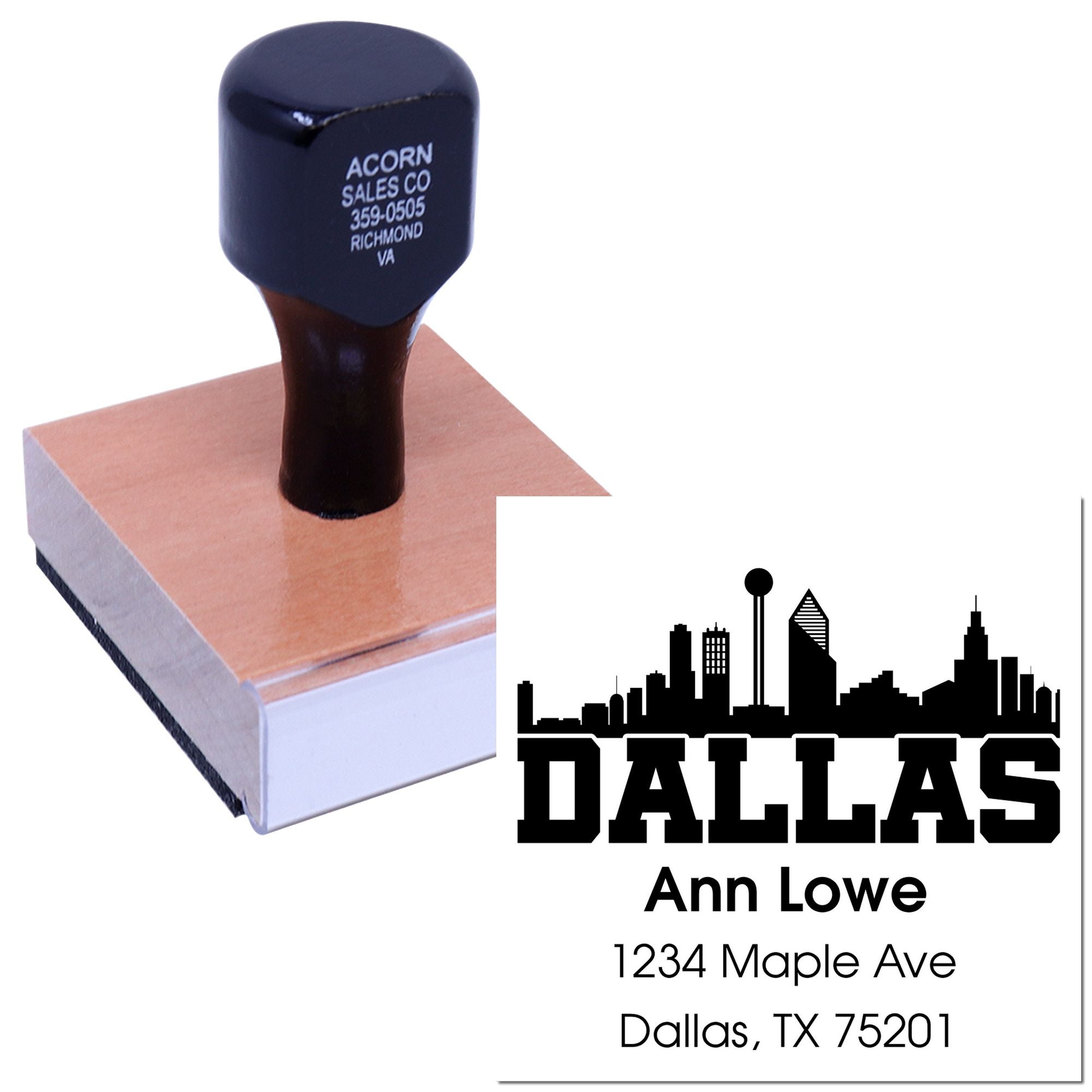 Custom Dallas return address rubber stamp with skyline design and sample impression for business mailing.