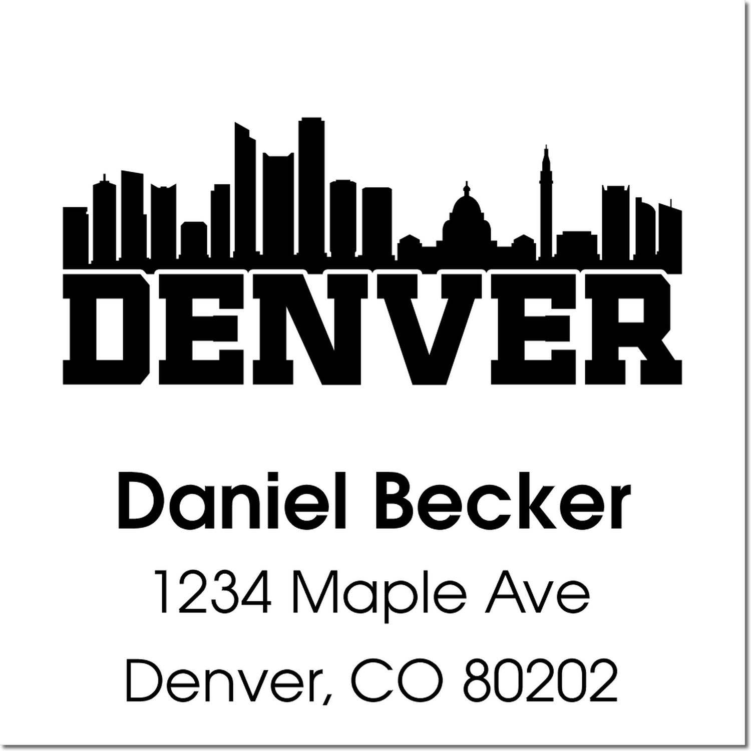 Custom Denver return address rubber stamp with skyline, Daniel Becker, 1234 Maple Ave, Denver, CO 80202.