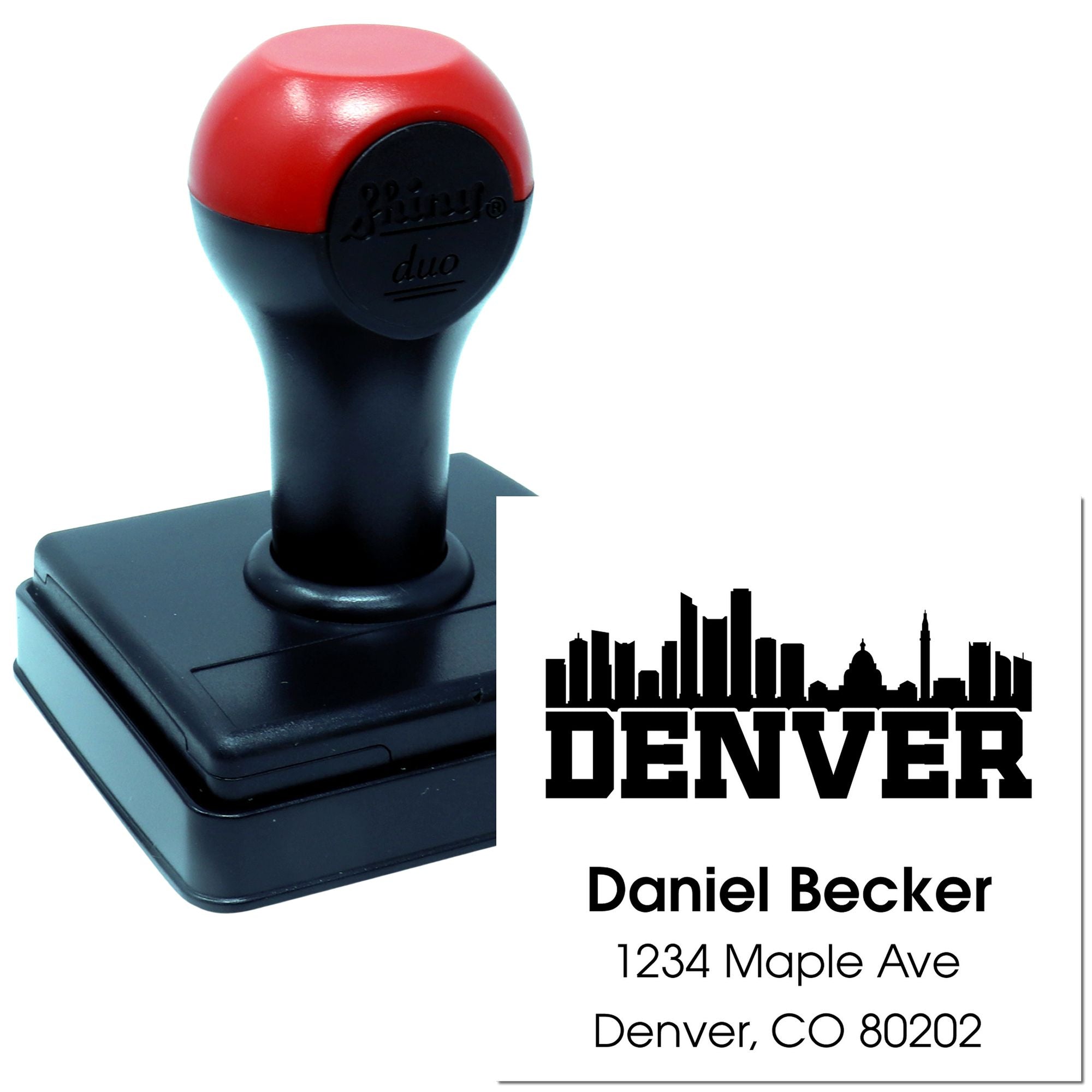 Personalized Denver address rubber stamp with skyline design, name, and mailing address for custom business or home use.