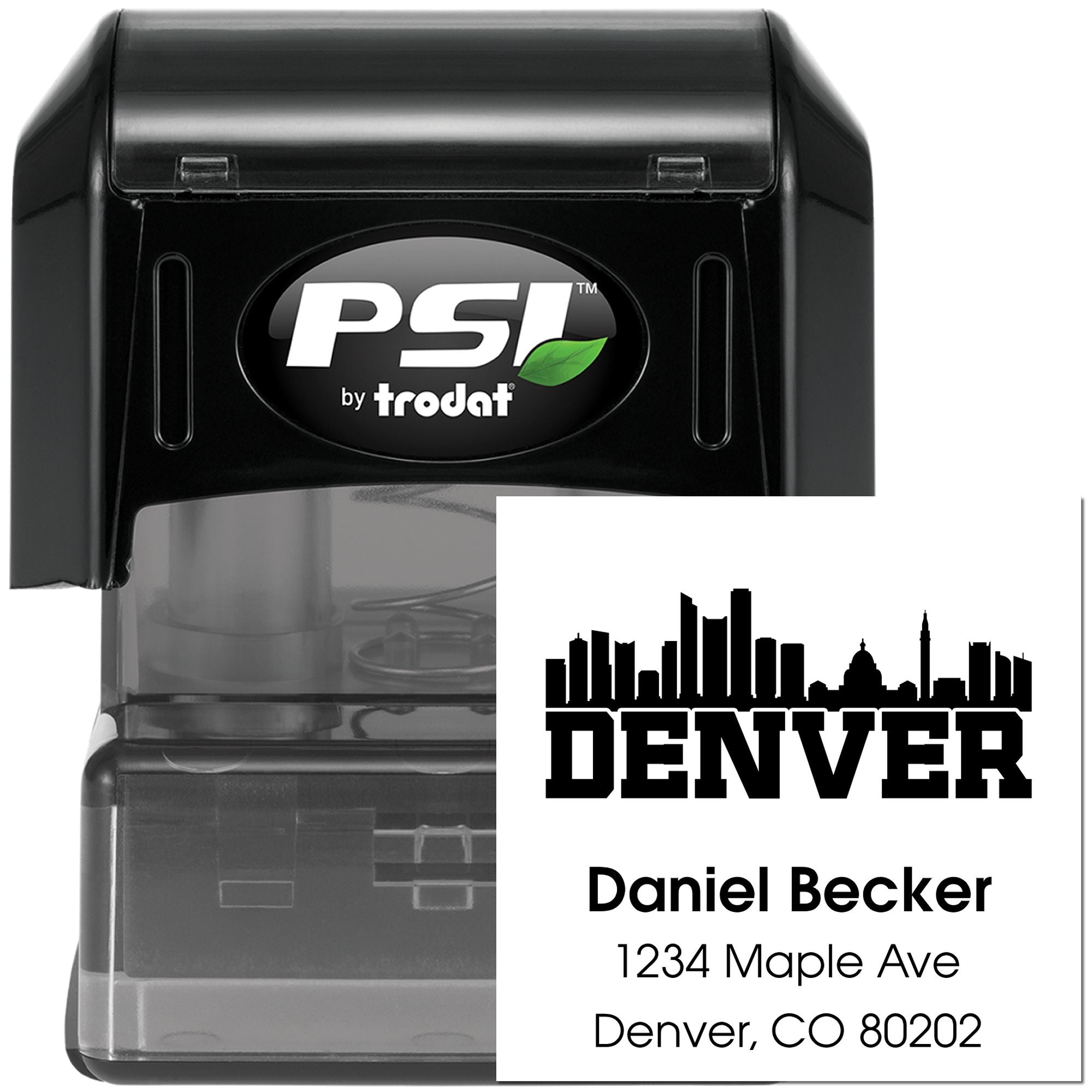 Custom self-inking rubber address stamp with Denver skyline, Daniel Becker name, and return address.