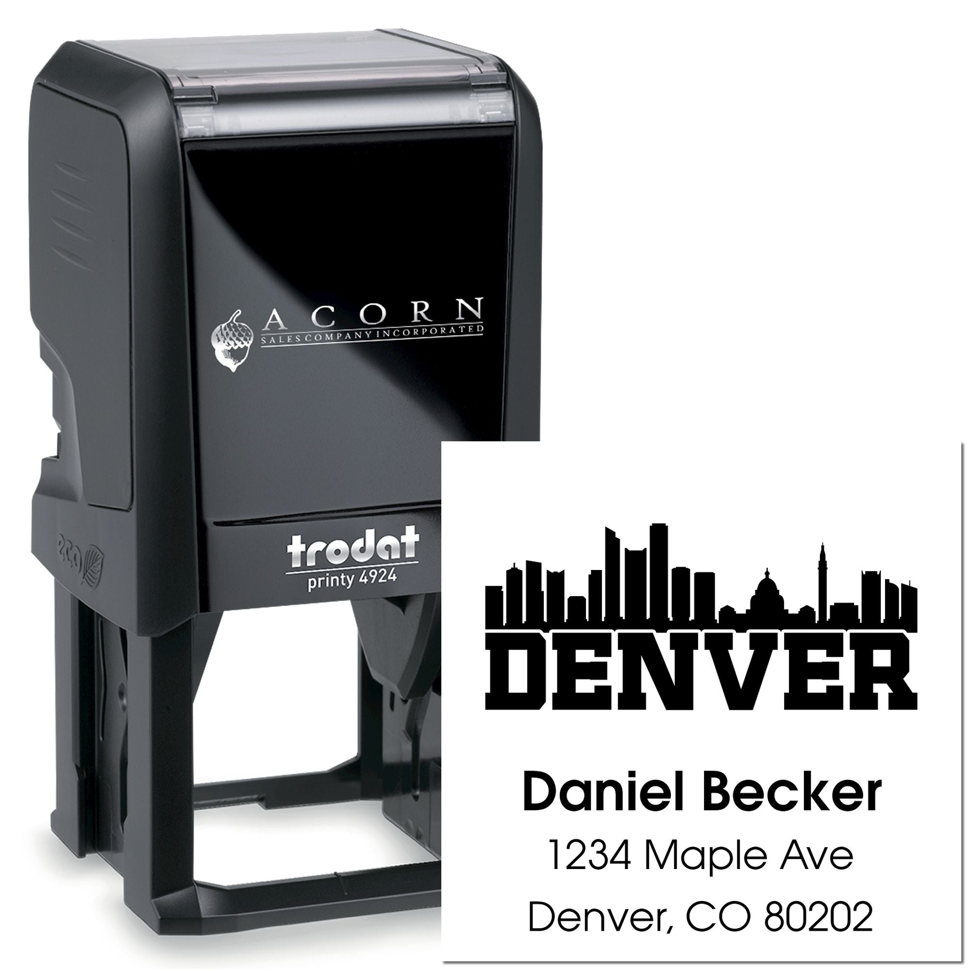 Trodat self-inking rubber stamp with custom Denver skyline return address for personalized business mail