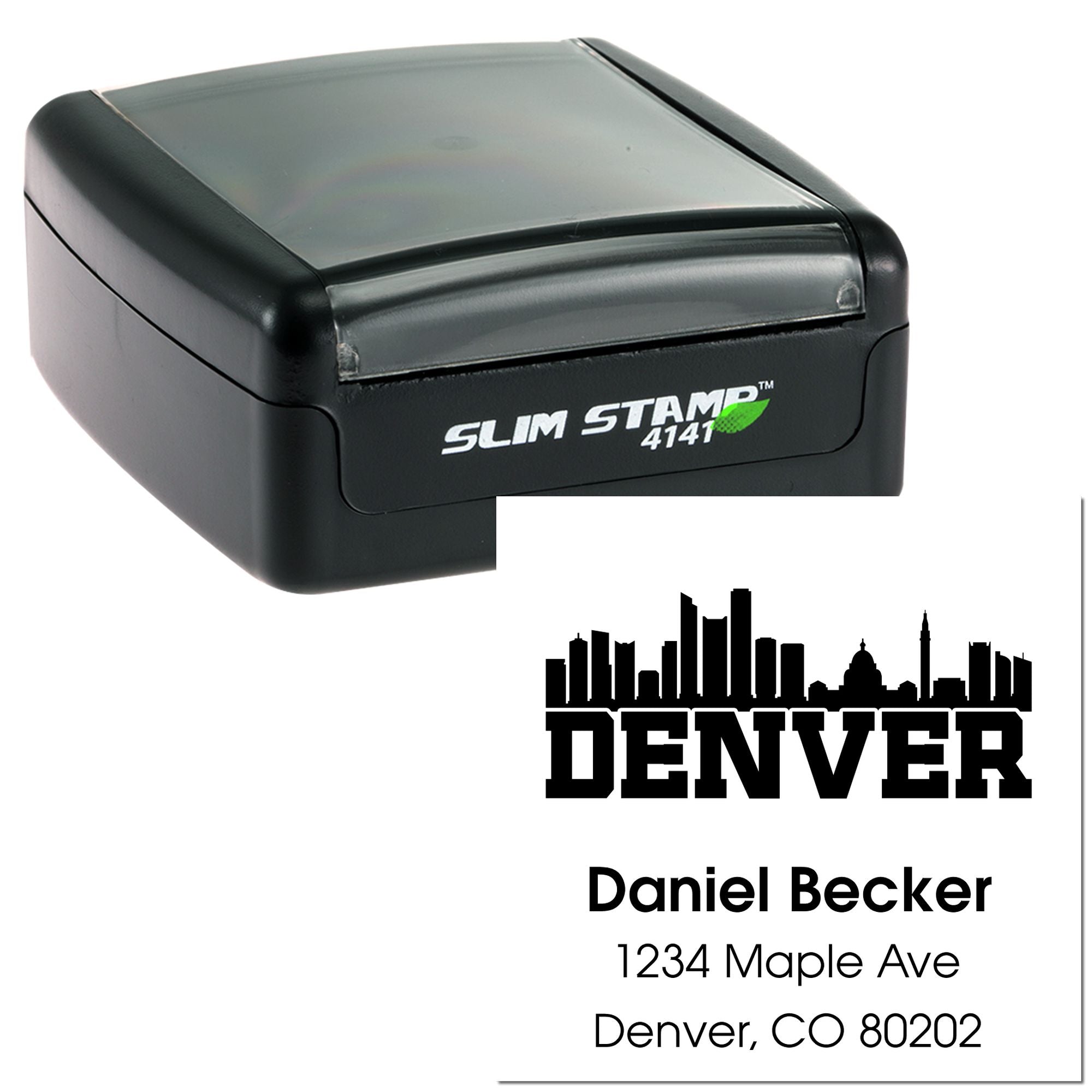 Custom self-inking return address stamp with Denver skyline, Daniel Becker, 1234 Maple Ave, Denver, CO 80202.