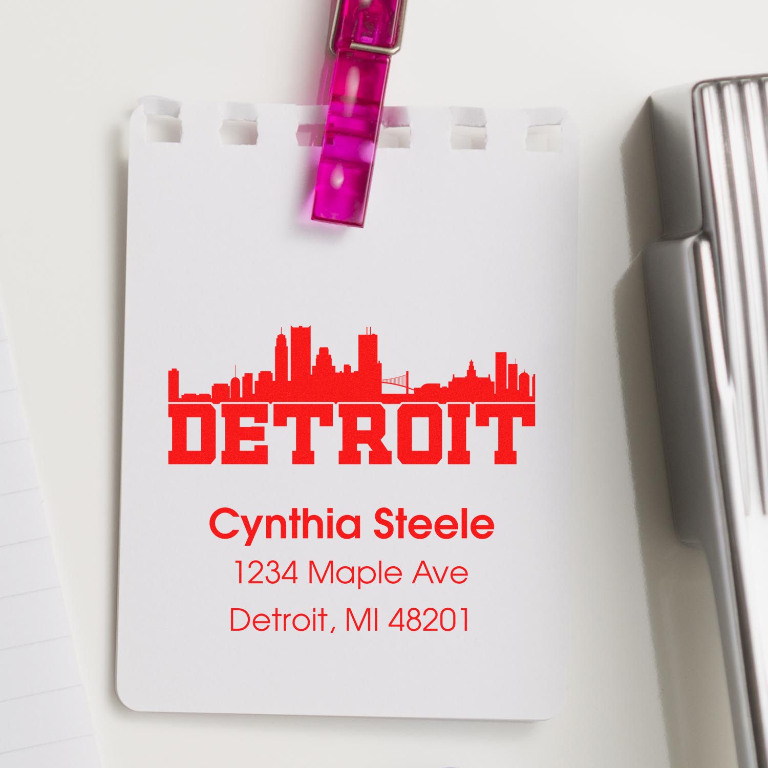 Detroit skyline return address rubber stamp for personalized mailing labels, stationery, and business correspondence.