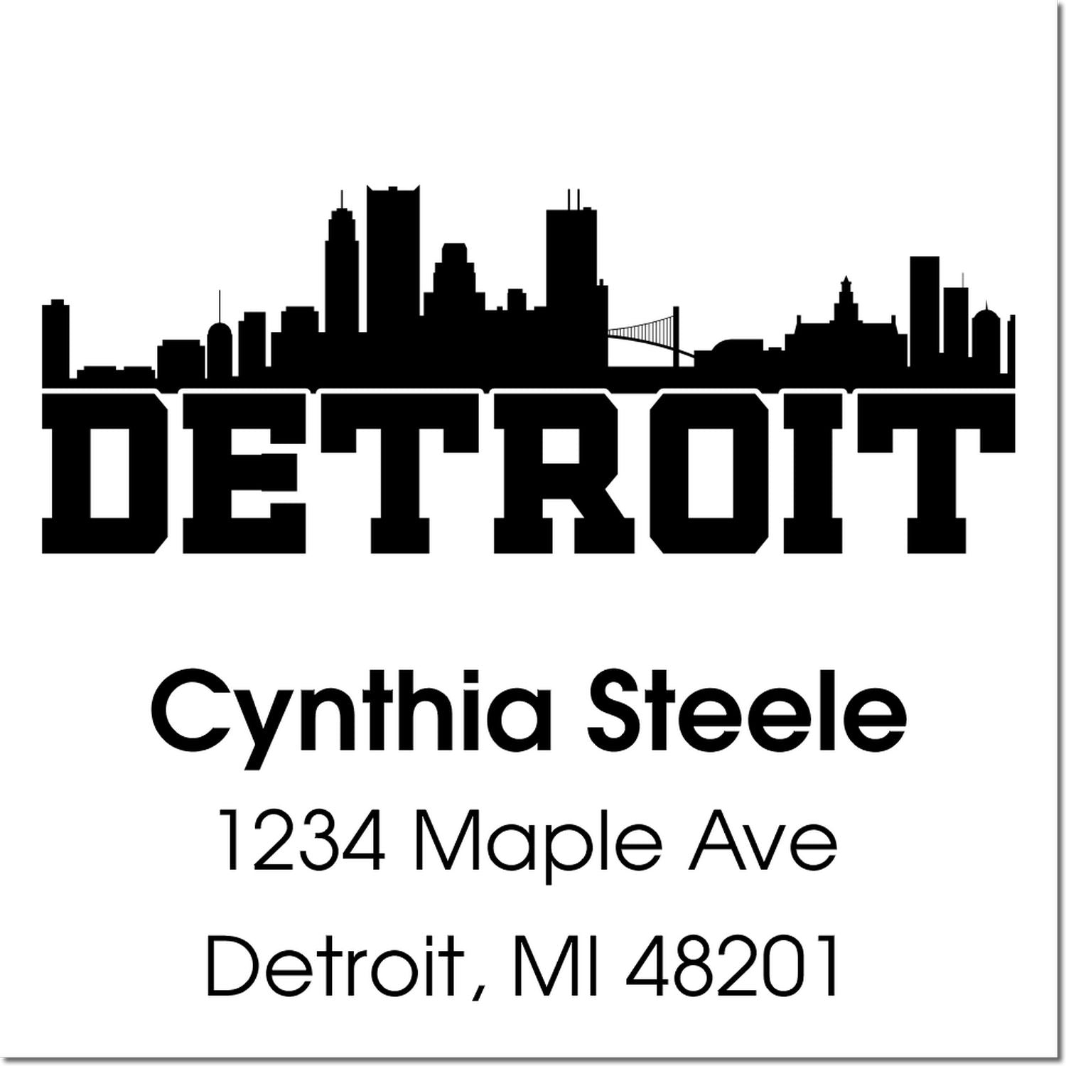 Custom Detroit return address rubber stamp with skyline, Cynthia Steele, 1234 Maple Ave, Detroit, MI 48201
