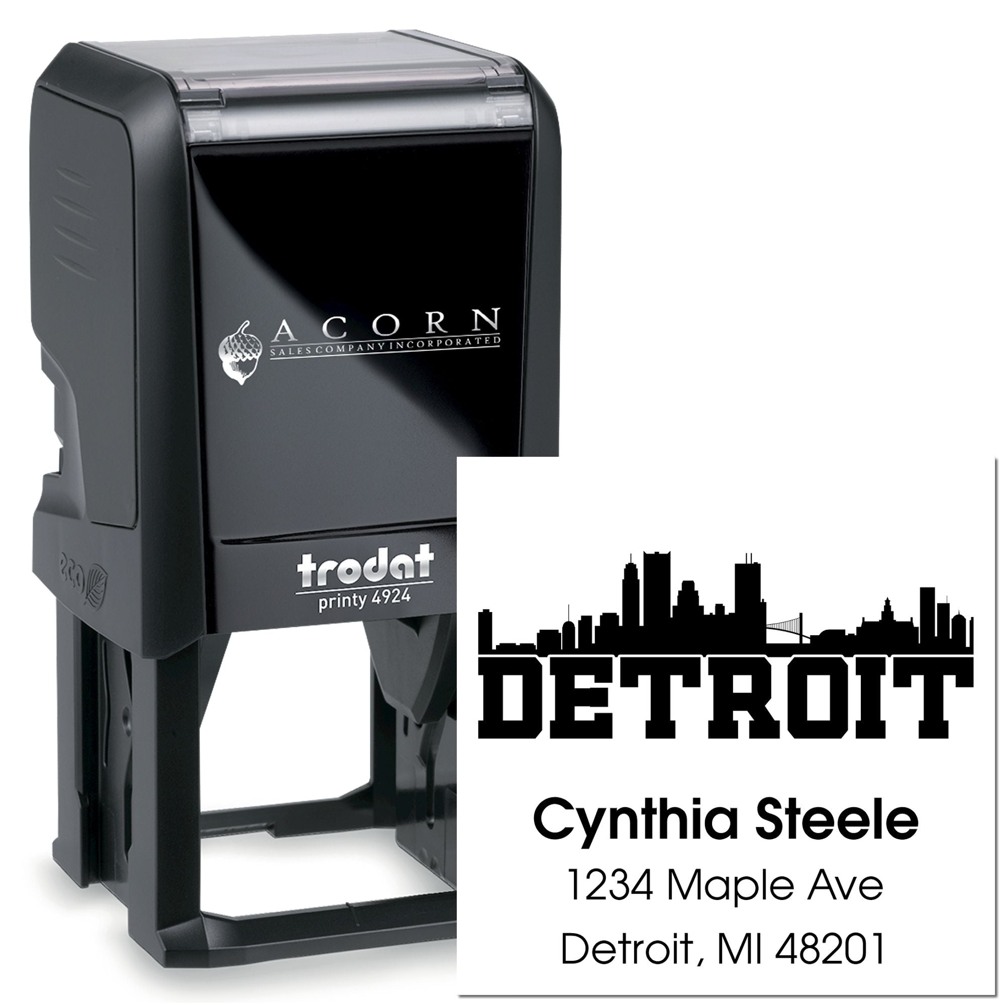 Custom self-inking rubber stamp for Detroit address labels with name Cynthia Steele and 1234 Maple Ave, Detroit, MI 48201