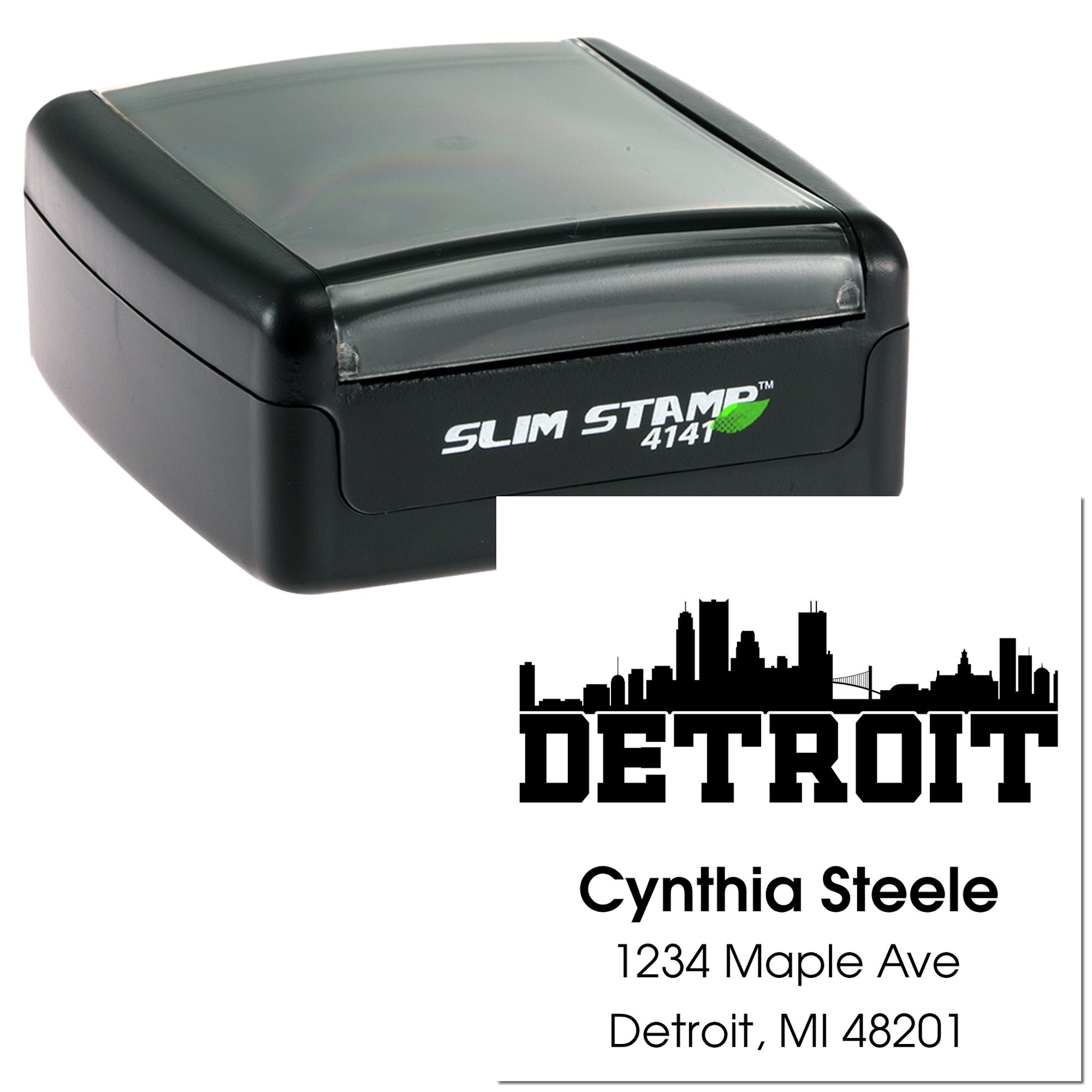 Custom Detroit address rubber stamp with Slim Stamp 4141 and imprint for Cynthia Steele, 1234 Maple Ave, Detroit, MI 48201.