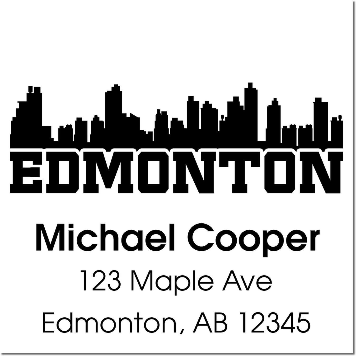 Personalized return address stamp with Edmonton skyline, Michael Cooper, 123 Maple Ave, Edmonton AB 12345.