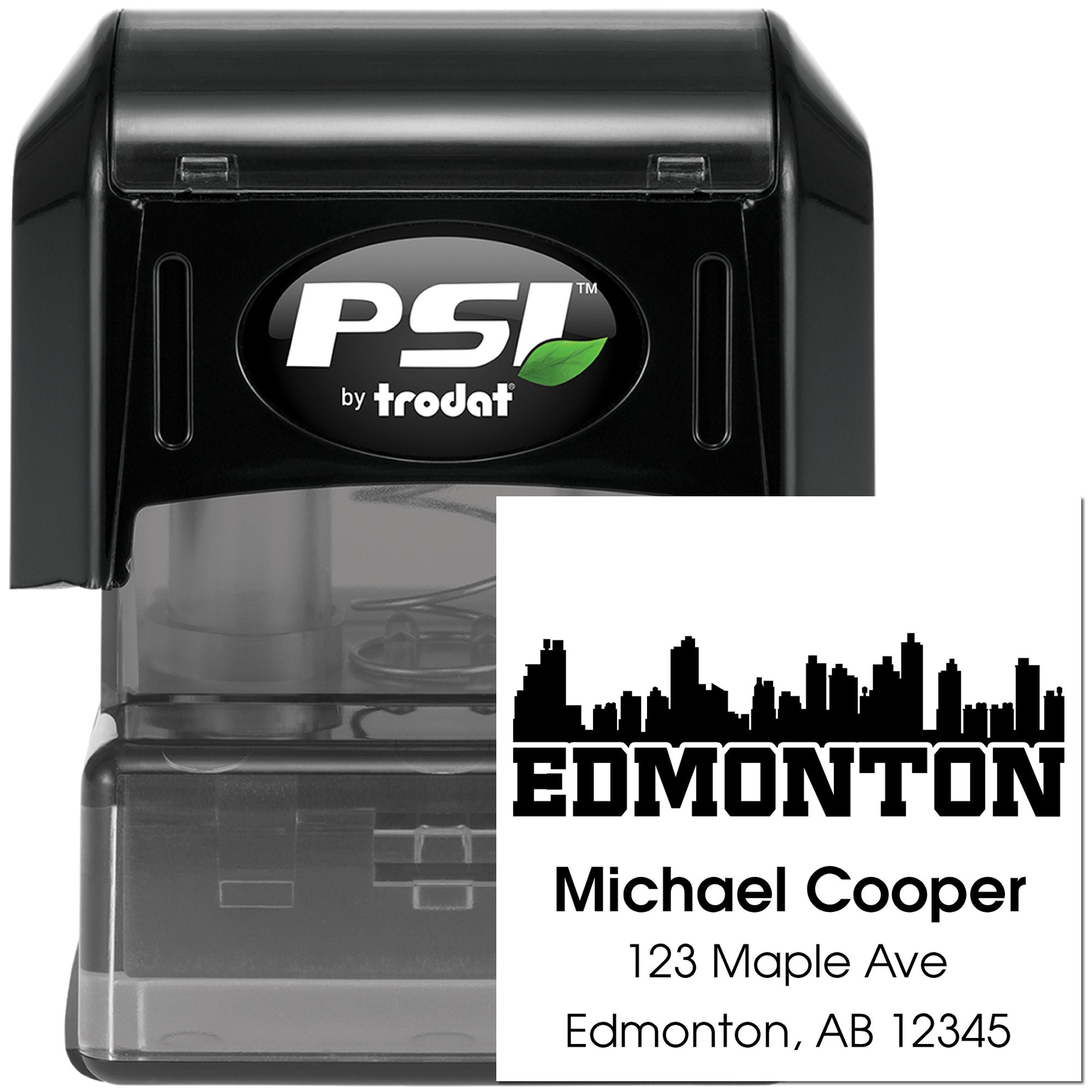 Custom Edmonton return address self-inking rubber stamp for mailings with skyline, name, street address, and postal code.