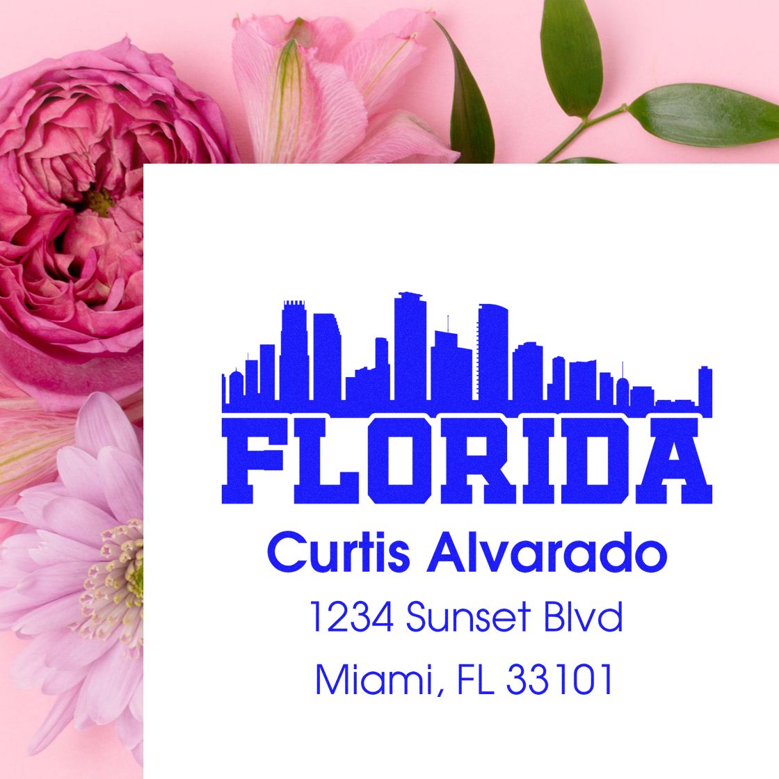 Custom Florida skyline rubber address stamp for Curtis Alvarado, Miami, FL, with name and mailing address.
