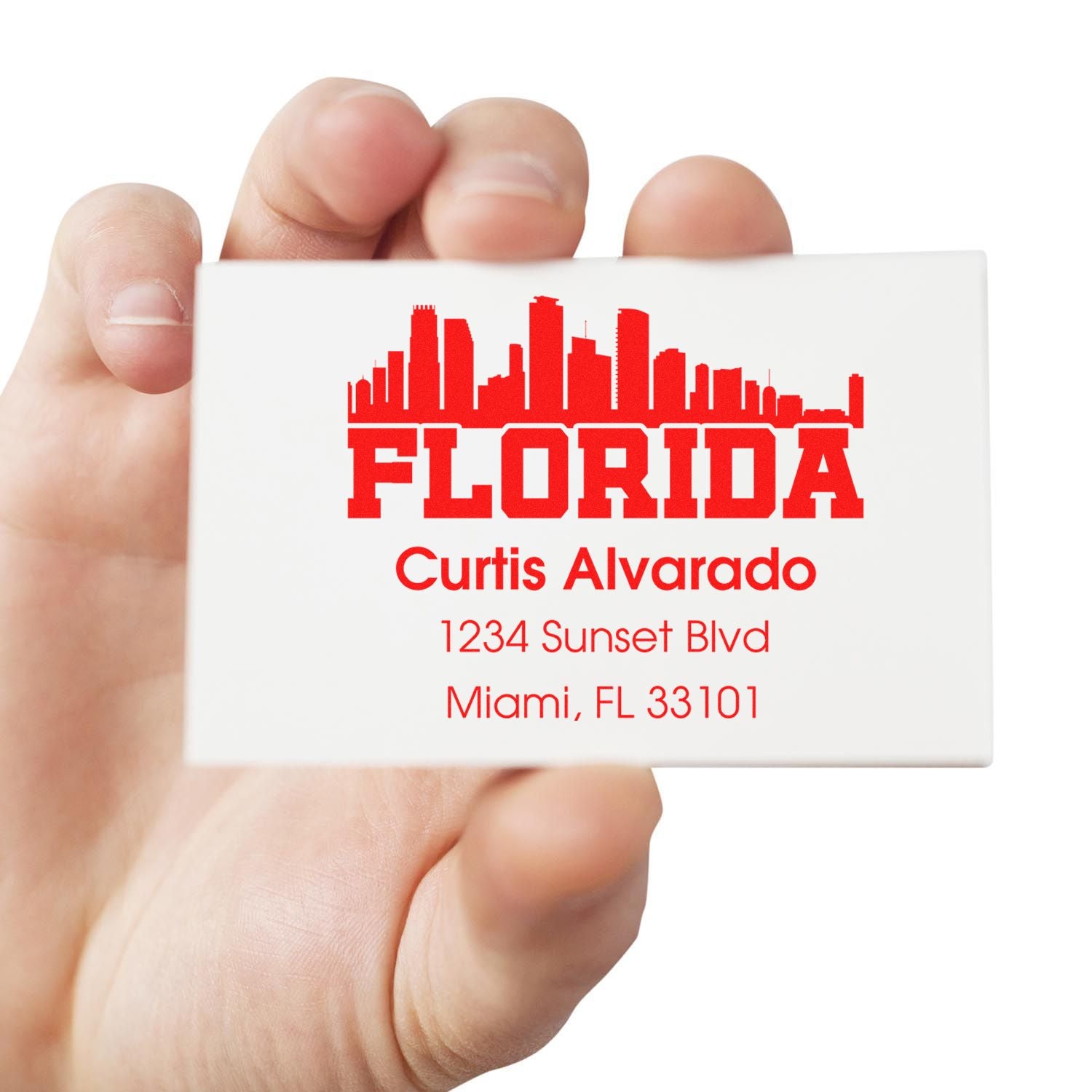 Custom Florida address rubber stamp with skyline design for personal mail, business branding, and return addresses.