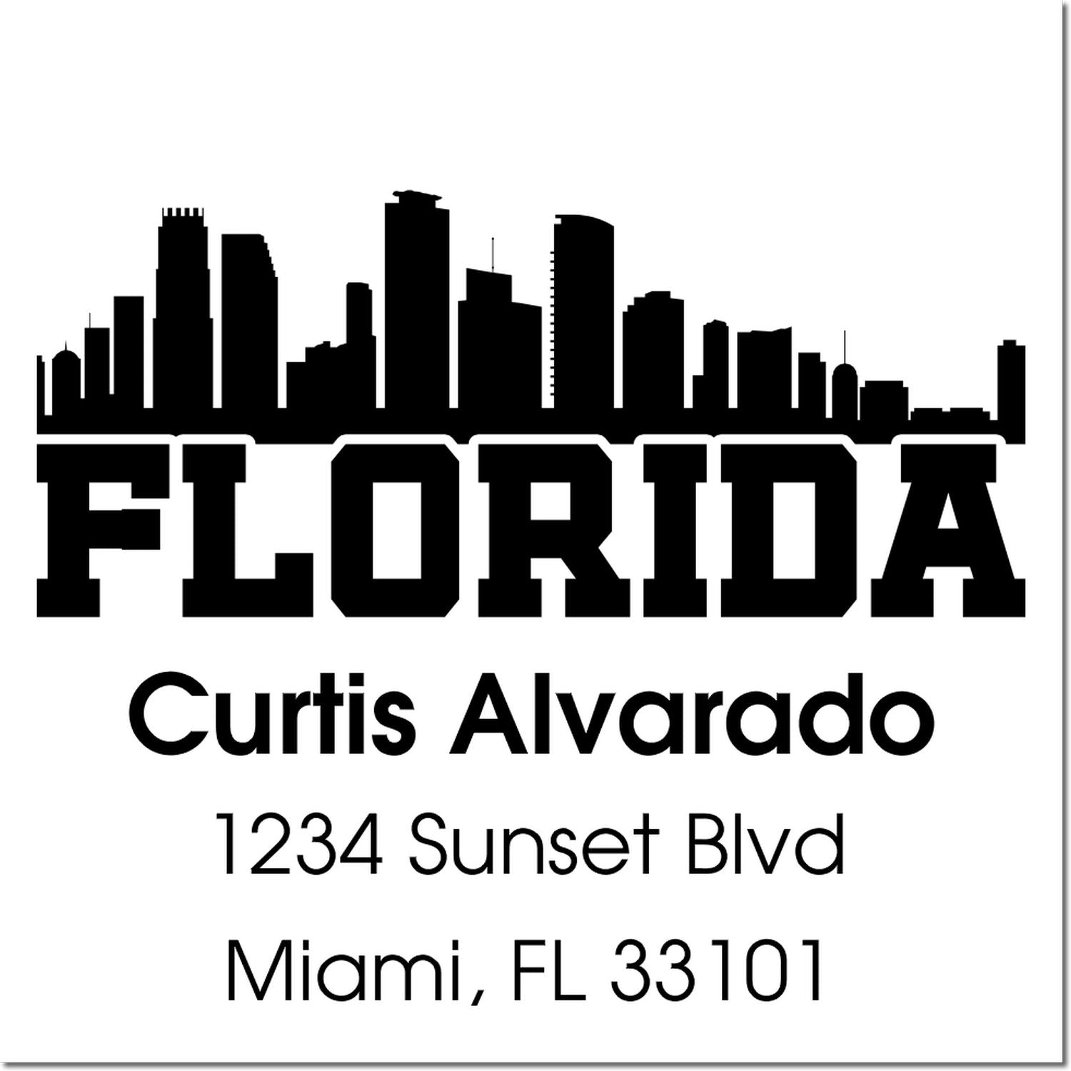 Custom Florida address rubber stamp with Miami skyline, Curtis Alvarado, 1234 Sunset Blvd, Miami, FL 33101.