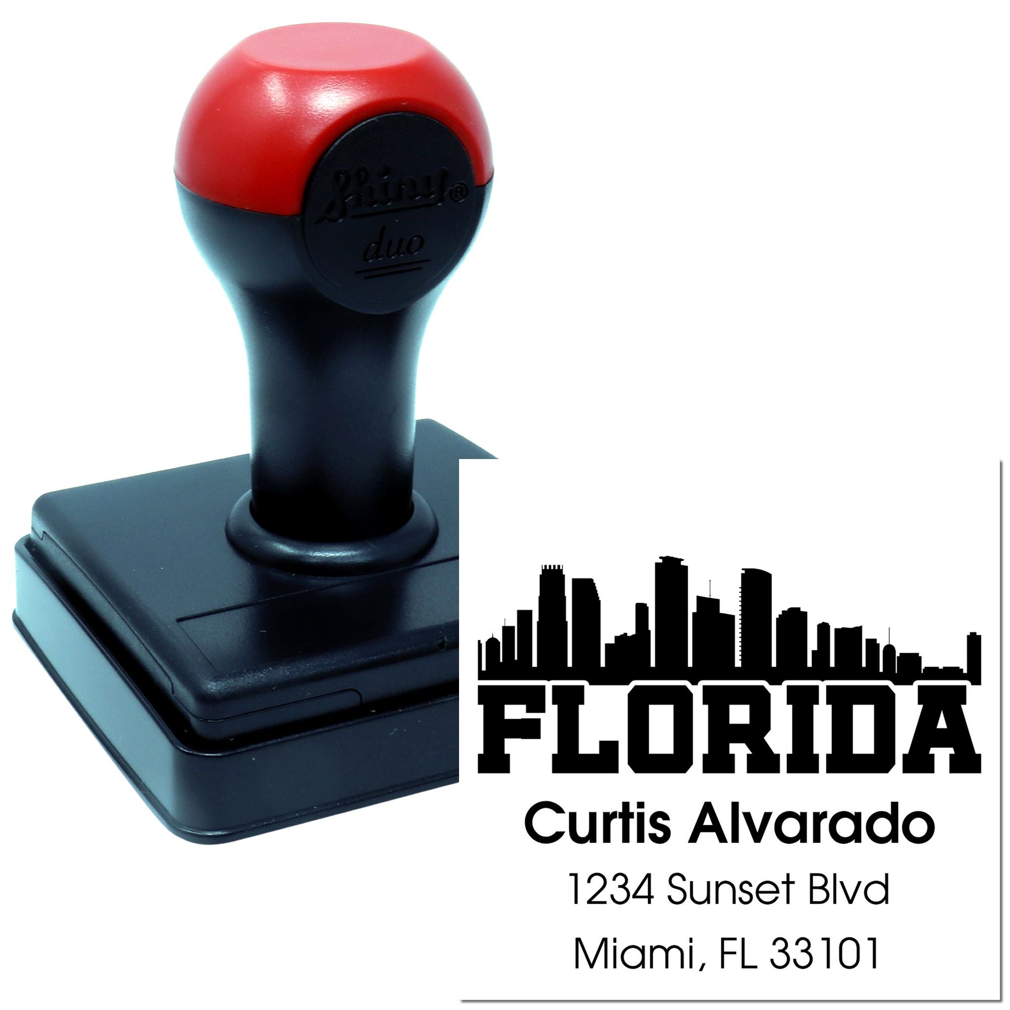Custom Florida self-inking rubber address stamp with skyline imprint for business mail and branding.