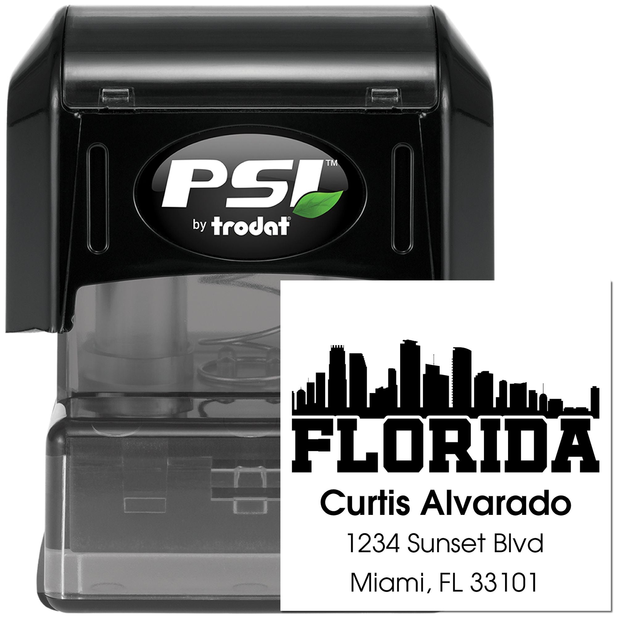 Custom Florida address rubber stamp by PSI Trodat with Miami address, skyline logo, and personalized name for mailing.