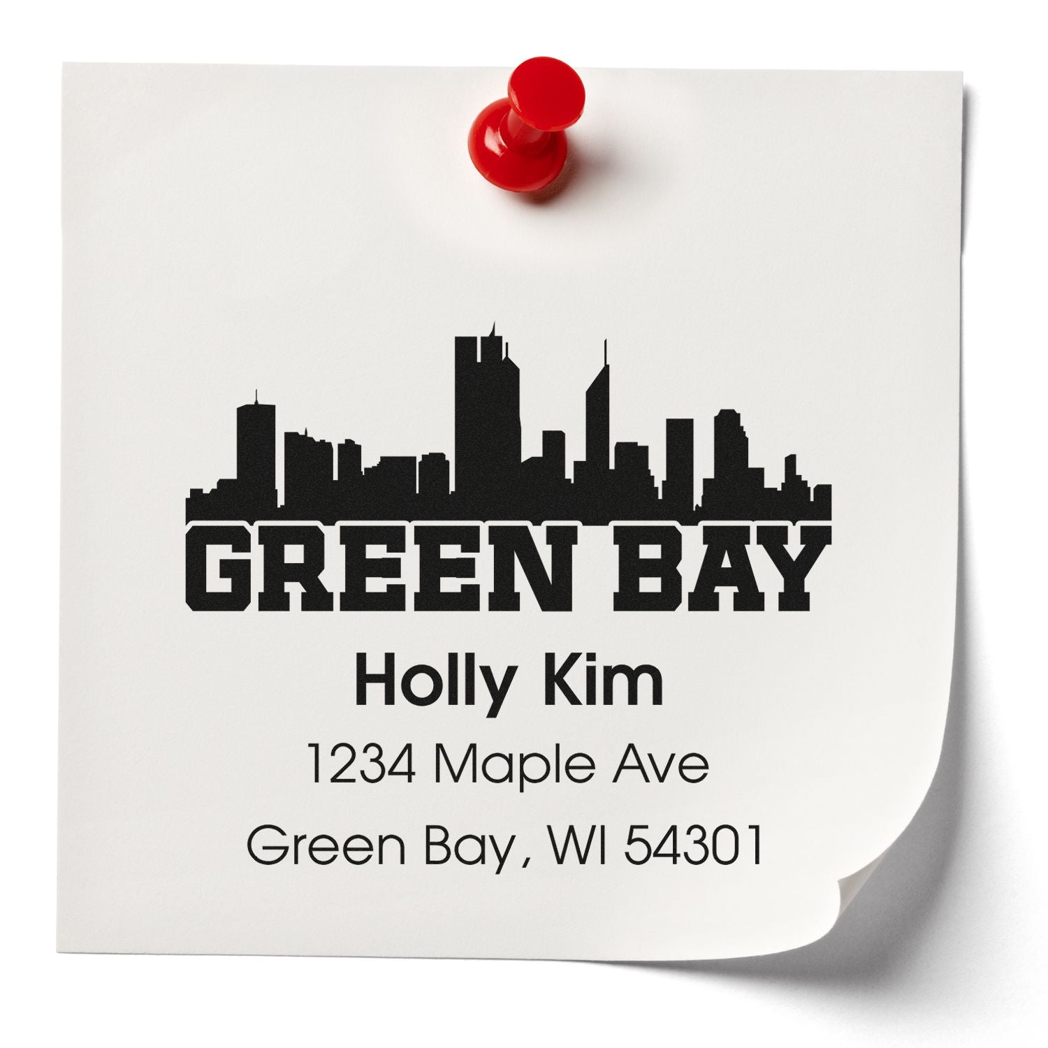 Custom Green Bay address stamp with skyline design for Holly Kim, featuring name and mailing address.