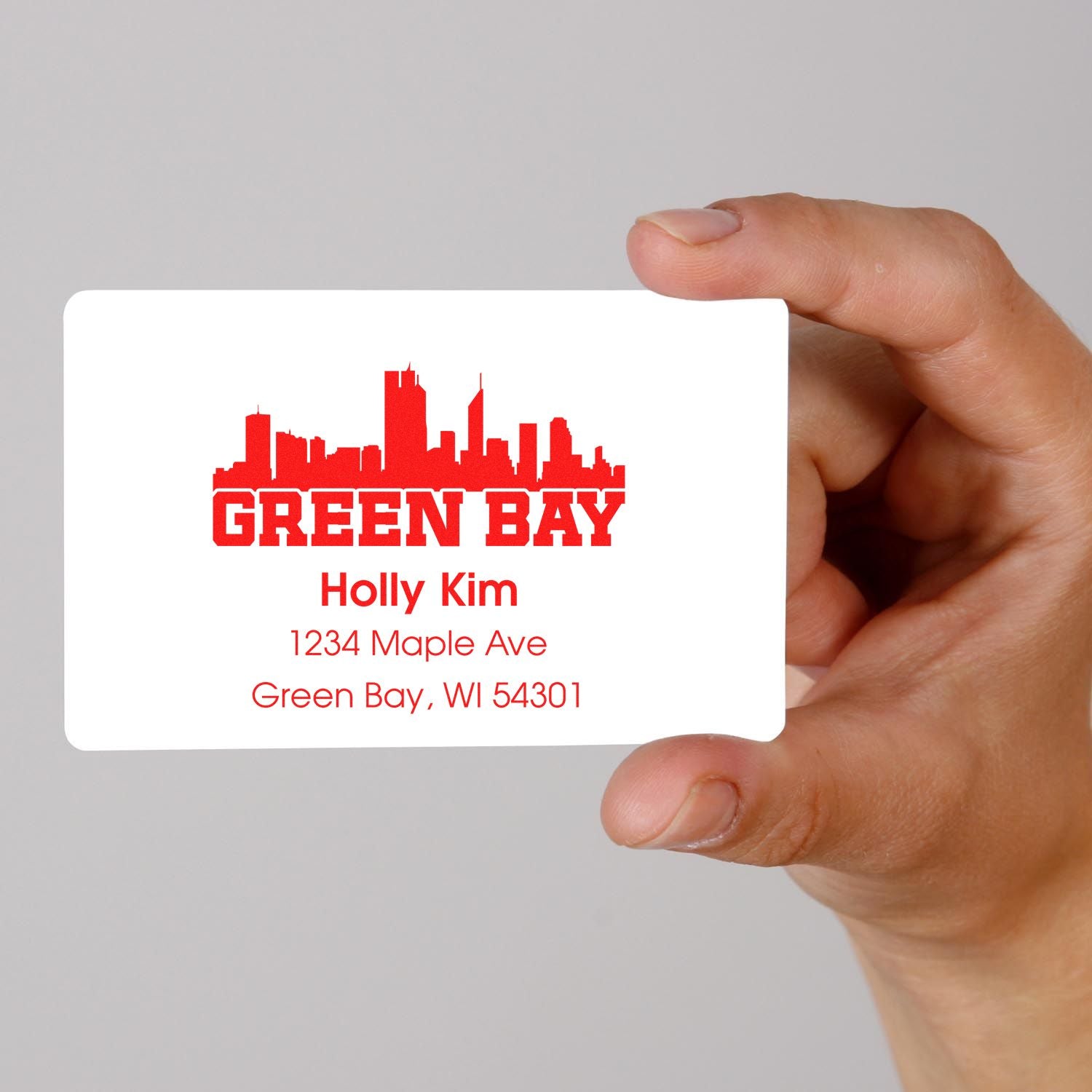 Personalized Green Bay return address rubber stamp with skyline design, name, street address, and ZIP code