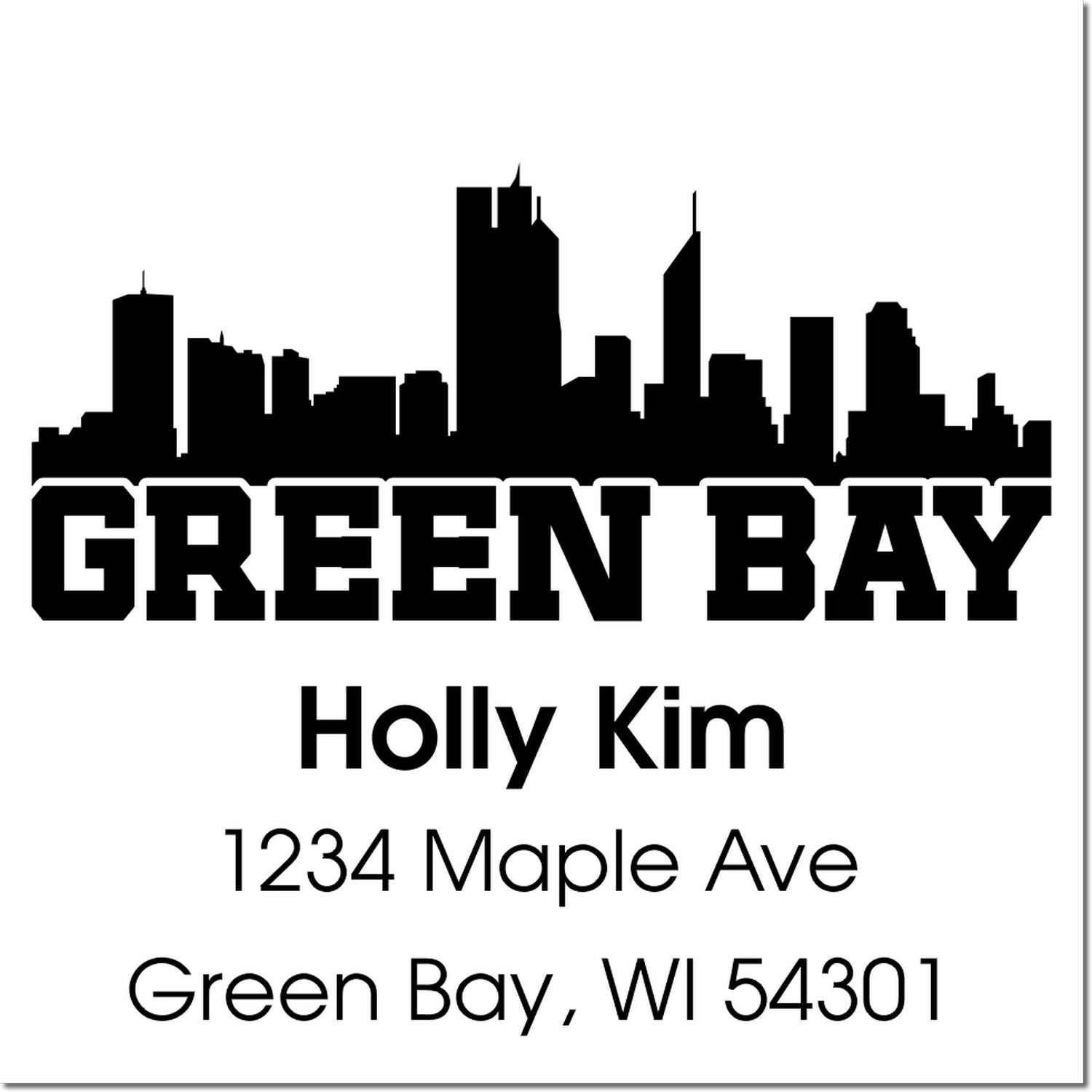Custom Green Bay skyline address rubber stamp with Holly Kim, 1234 Maple Ave, Green Bay, WI 54301.