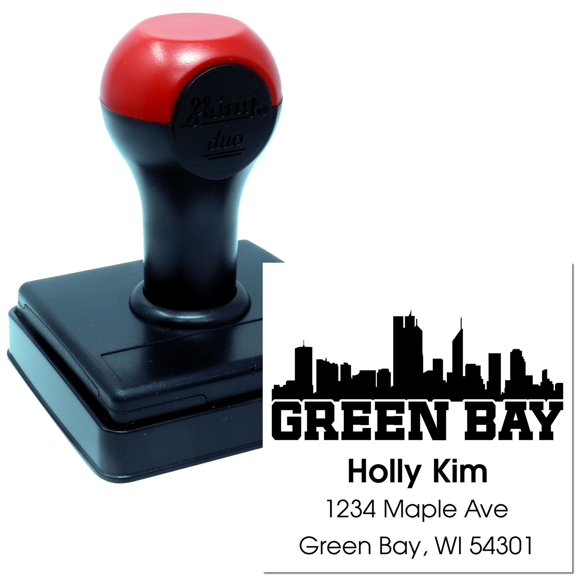 Custom self-inking rubber stamp with Green Bay skyline return address imprint for Holly Kim.