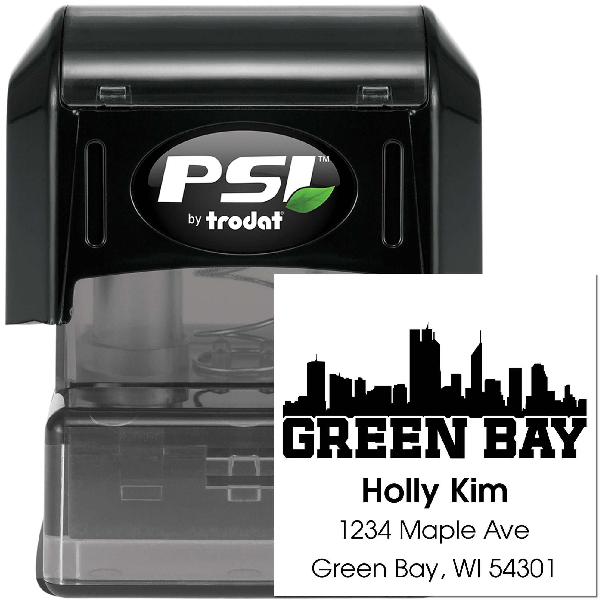 Custom Green Bay address rubber stamp with skyline design, self-inking PSI by Trodat for Holly Kim.