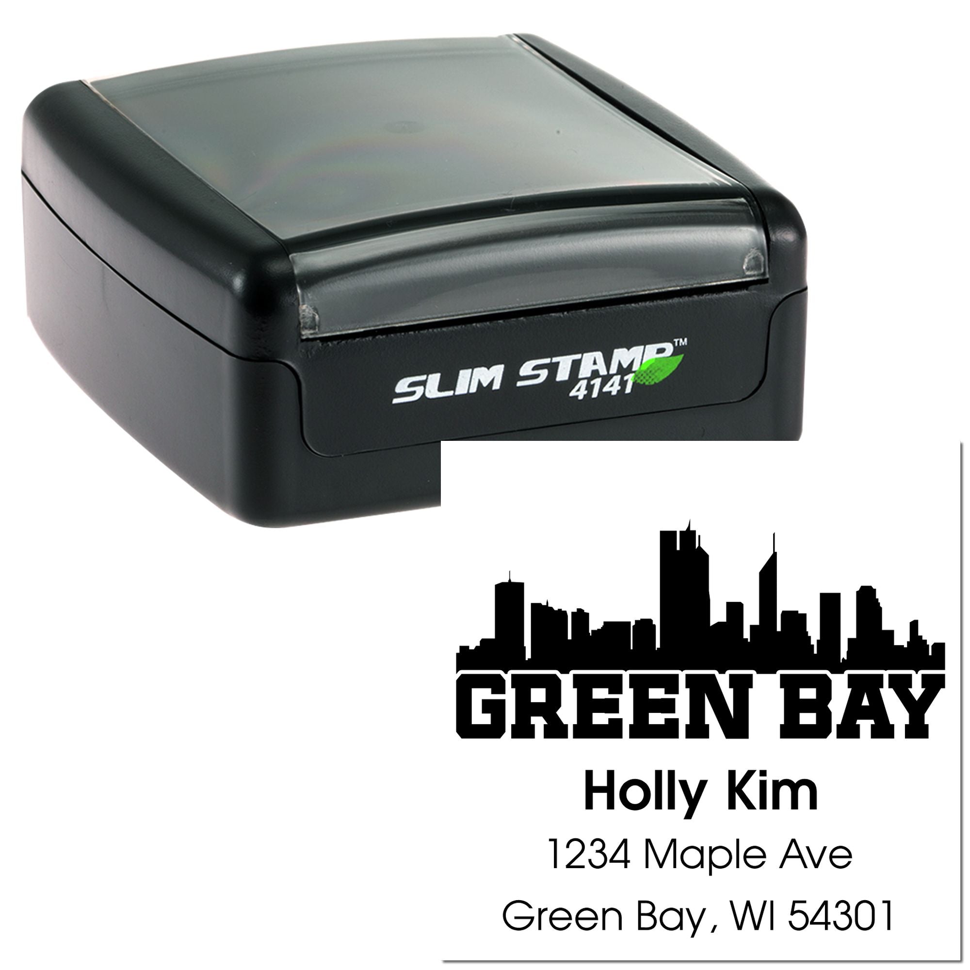 Slim Stamp 4141 self-inking rubber address stamp with Green Bay skyline and custom return address for Holly Kim.