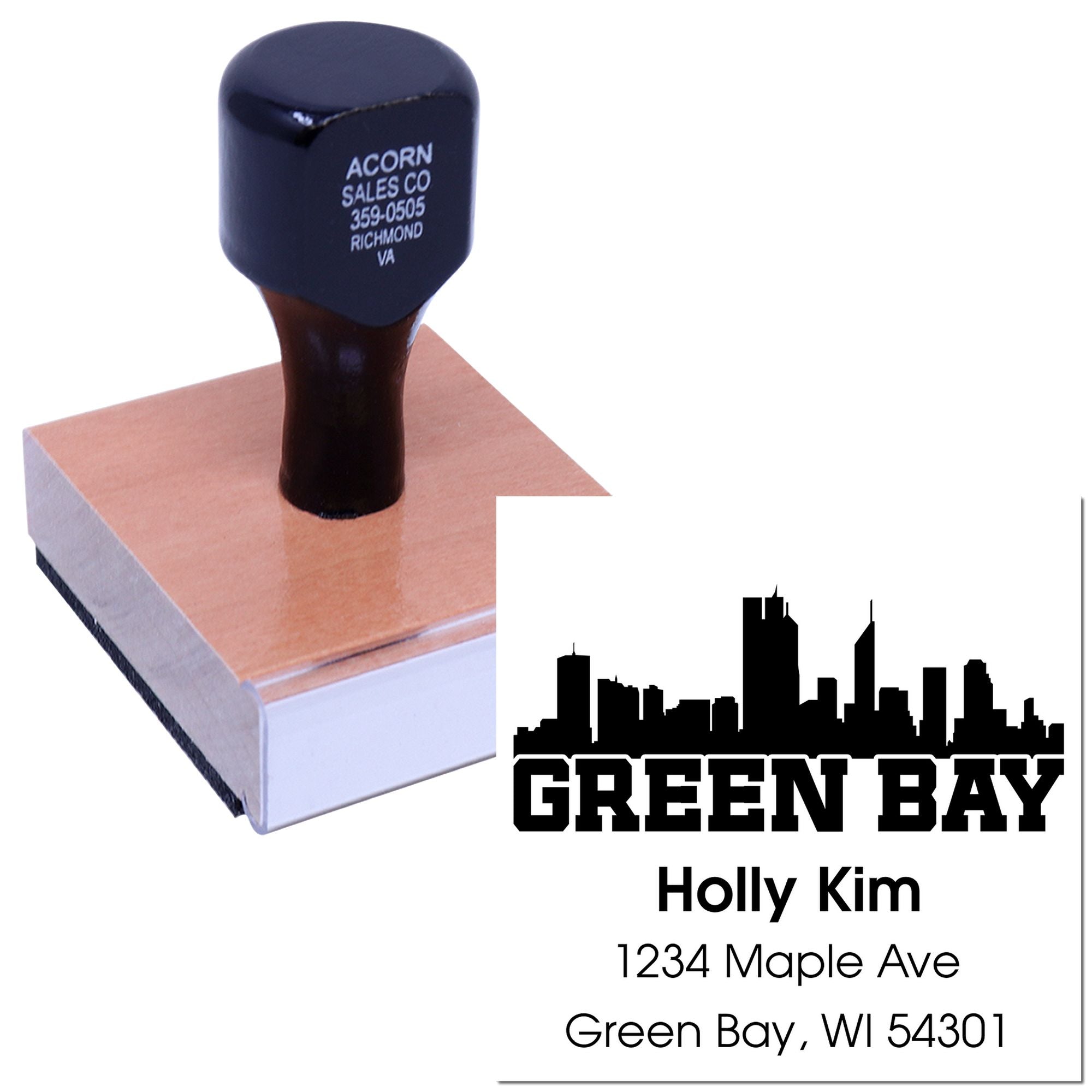Custom rubber address stamp with Green Bay skyline and Holly Kim return address, ideal for business mailings.