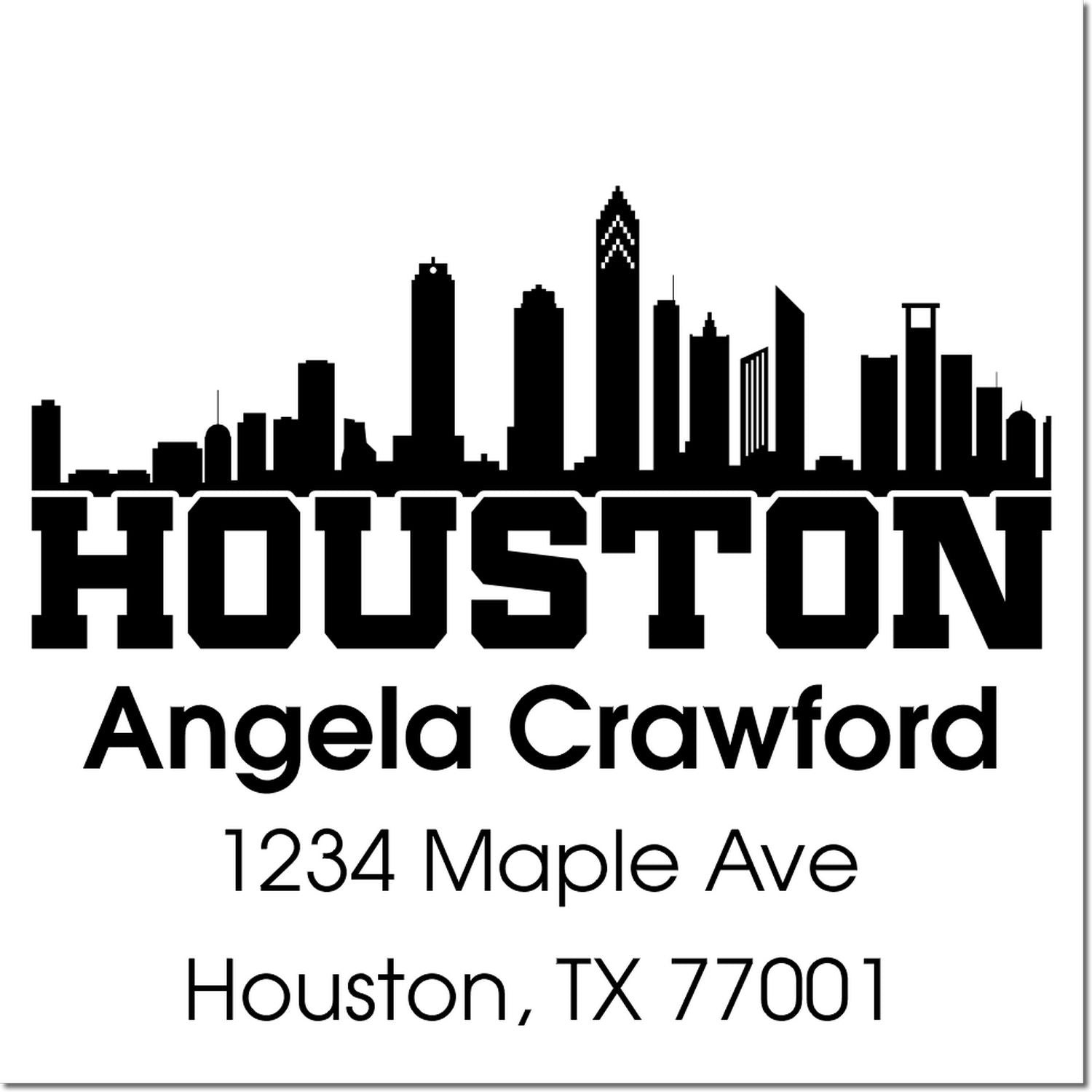 Personalized Houston skyline return address rubber stamp with Angela Crawford name and address, 1234 Maple Ave, Houston, TX 77001.