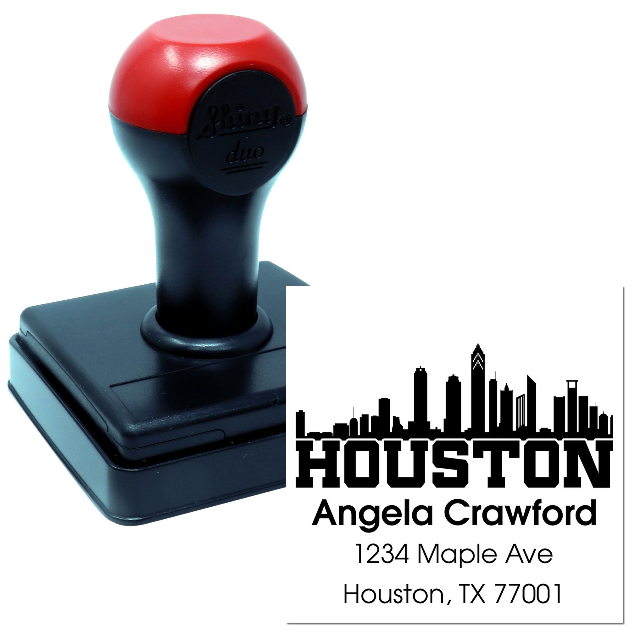 Custom self-inking rubber address stamp with Houston skyline, Angela Crawford, 1234 Maple Ave, Houston, TX 77001.