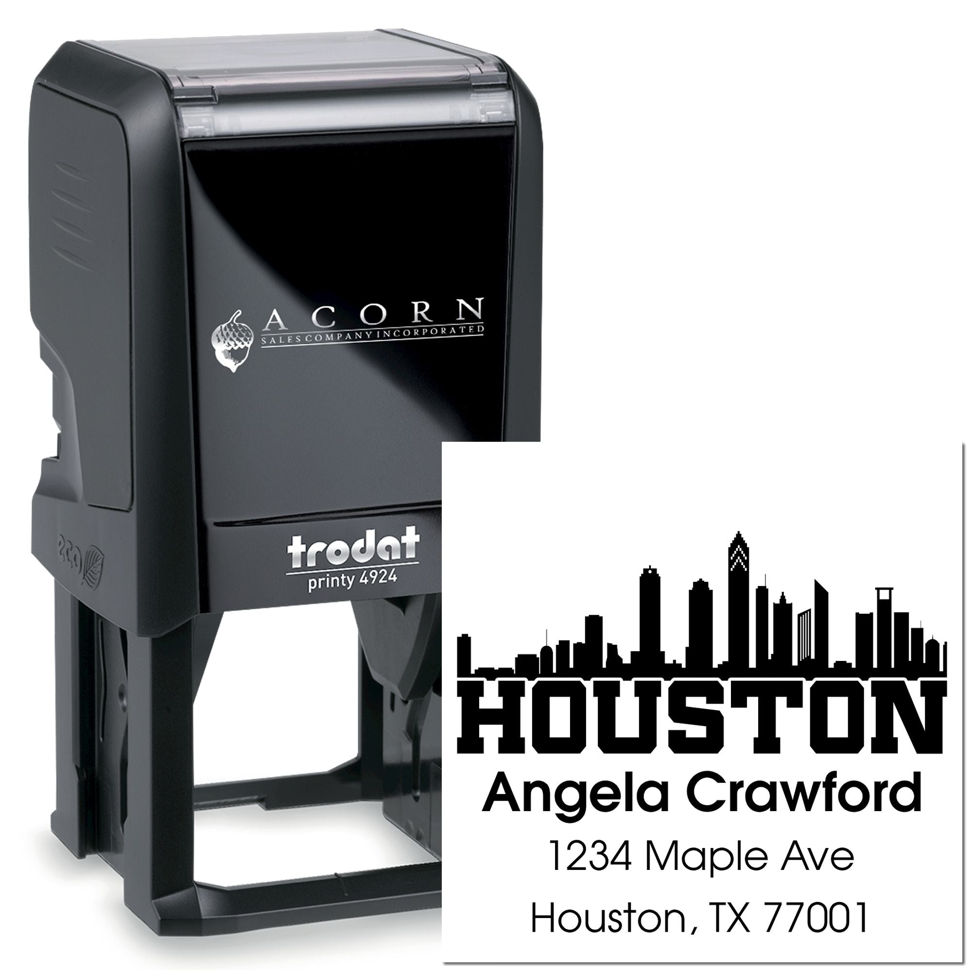 Custom Houston return address rubber stamp, self-inking Trodat Printy 4924 for business mailing and branding.