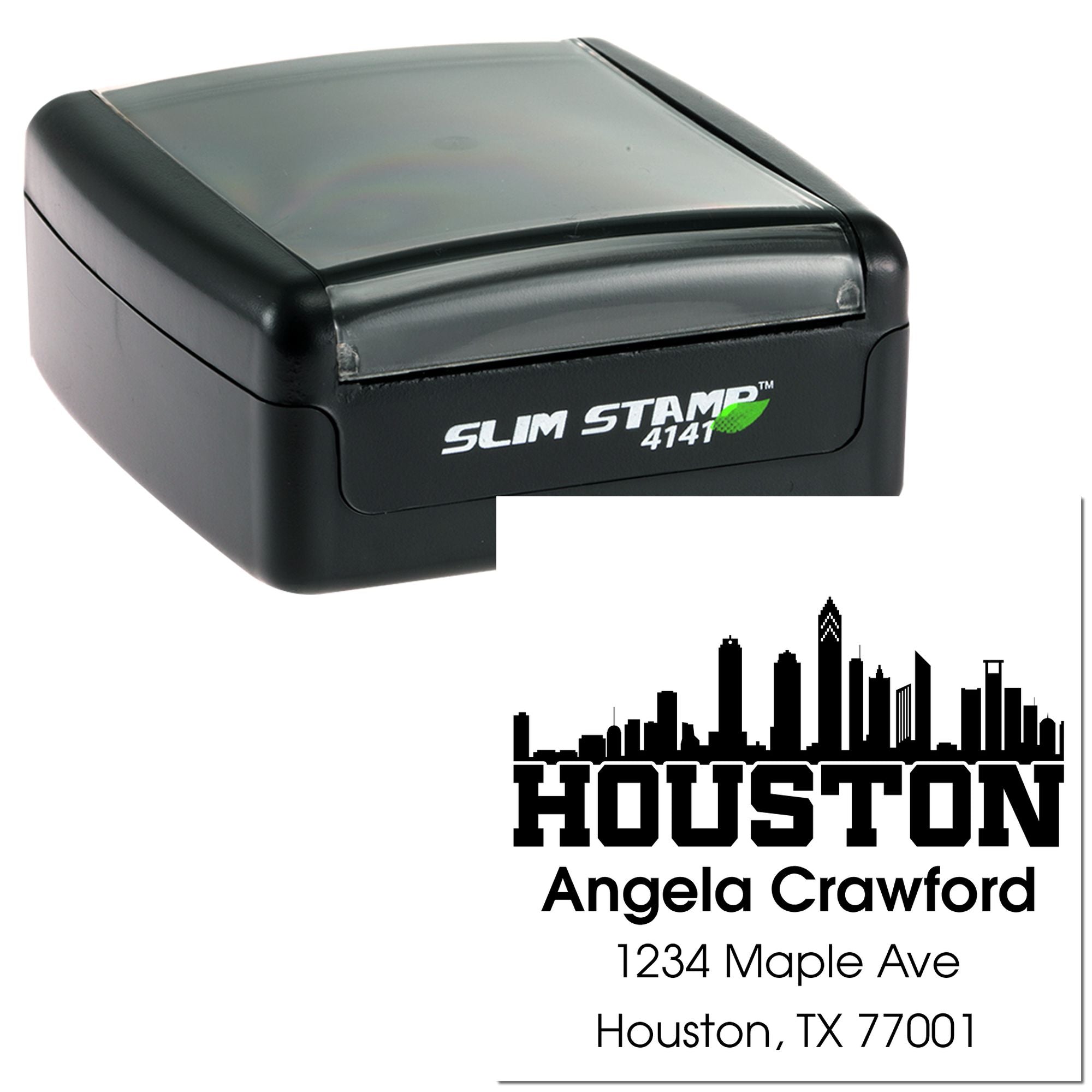 Houston return address rubber stamp with self-inking Slim Stamp 4141, personalized for Angela Crawford.