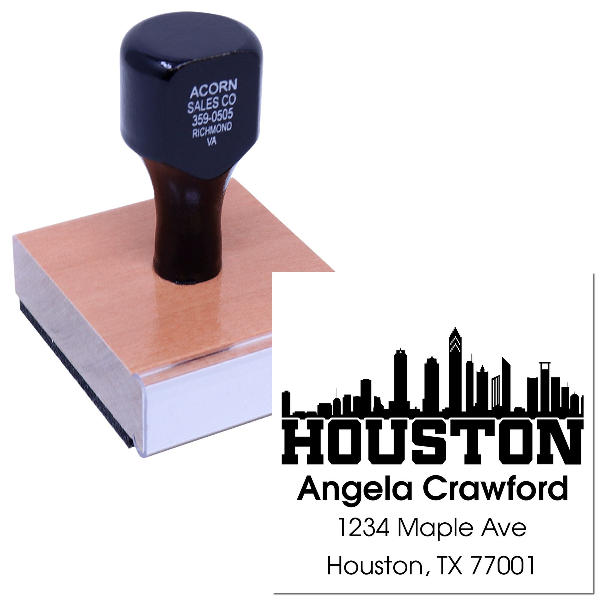 Custom Houston address rubber stamp with skyline logo for Angela Crawford, 1234 Maple Ave, Houston, TX 77001.